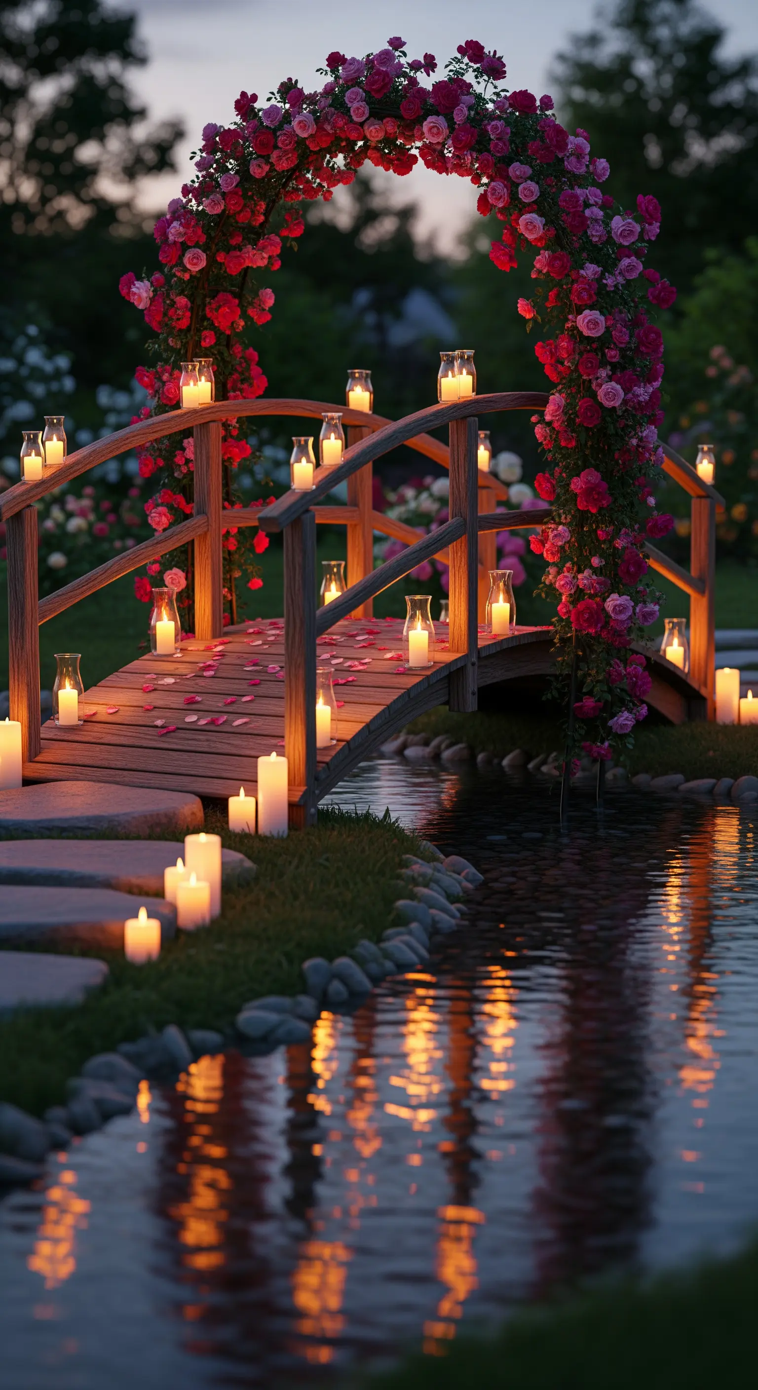 Gartenbrücke mit Rosenbogen in Rosa und Rot, Kerzenlichtern und Spiegelung im Wasser