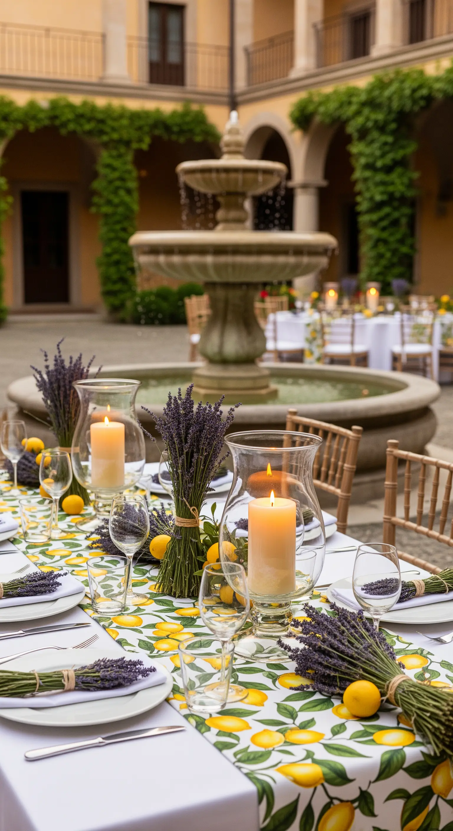 Tisch im Innenhof mit Zitronenmuster-Tischdecke, Lavendelsträußen und Brunnen