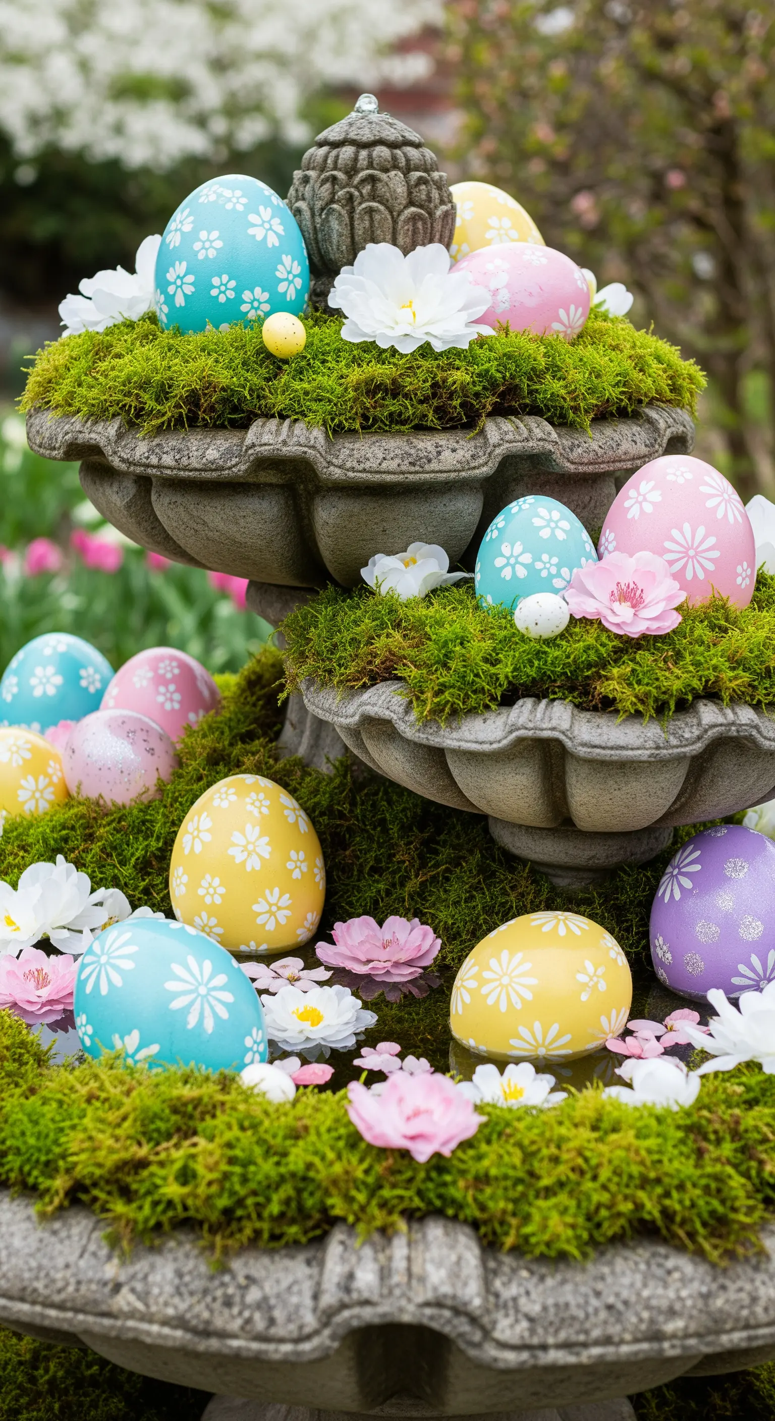 Steinerner Brunnen mit Moos, Pastell-Ostereiern und Frühlingsblumen dekoriert