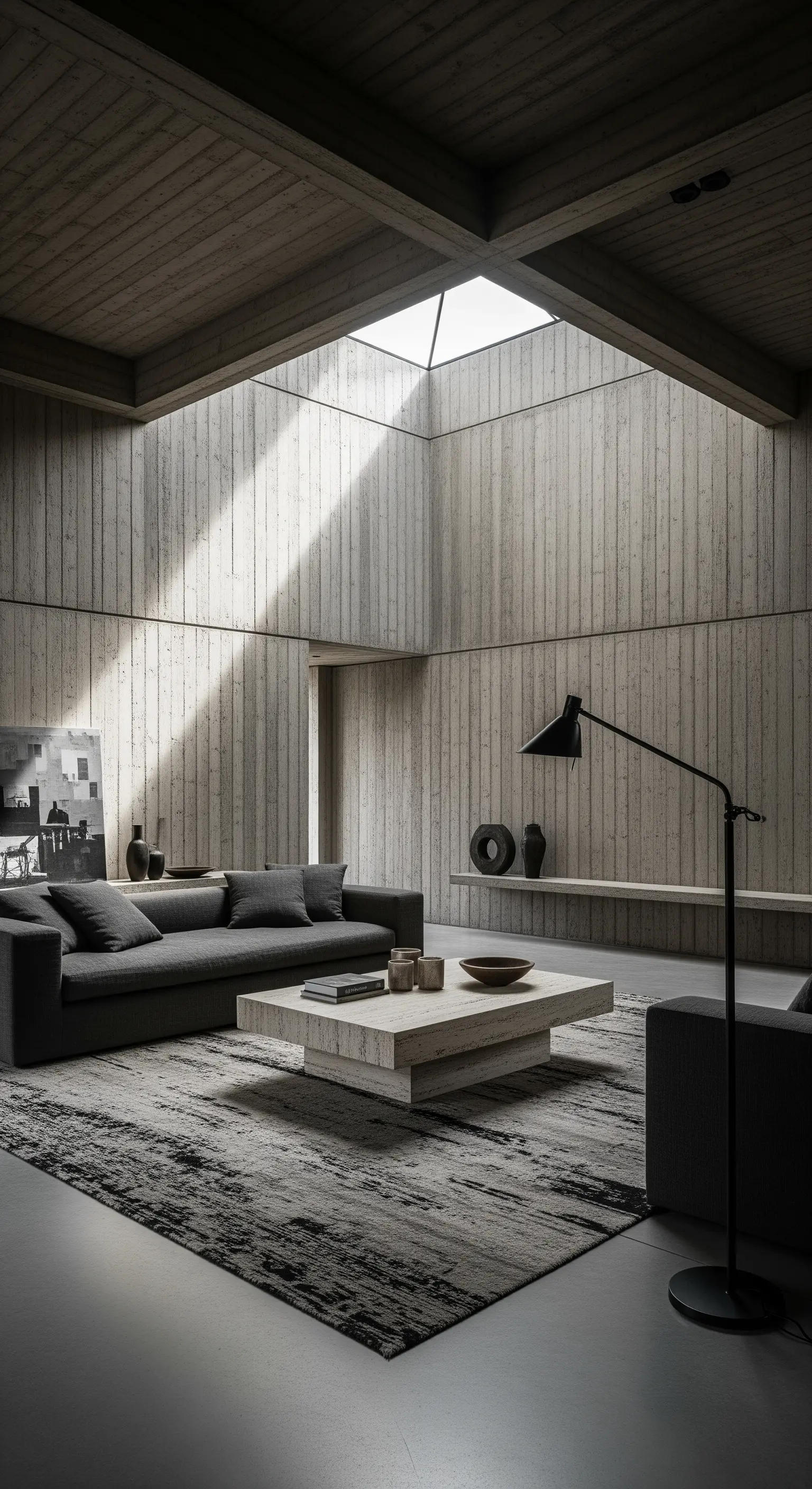 Minimalistisches Wohnzimmer mit Wänden aus Sichtbeton, das durch ein Oberlicht beleuchtet wird.