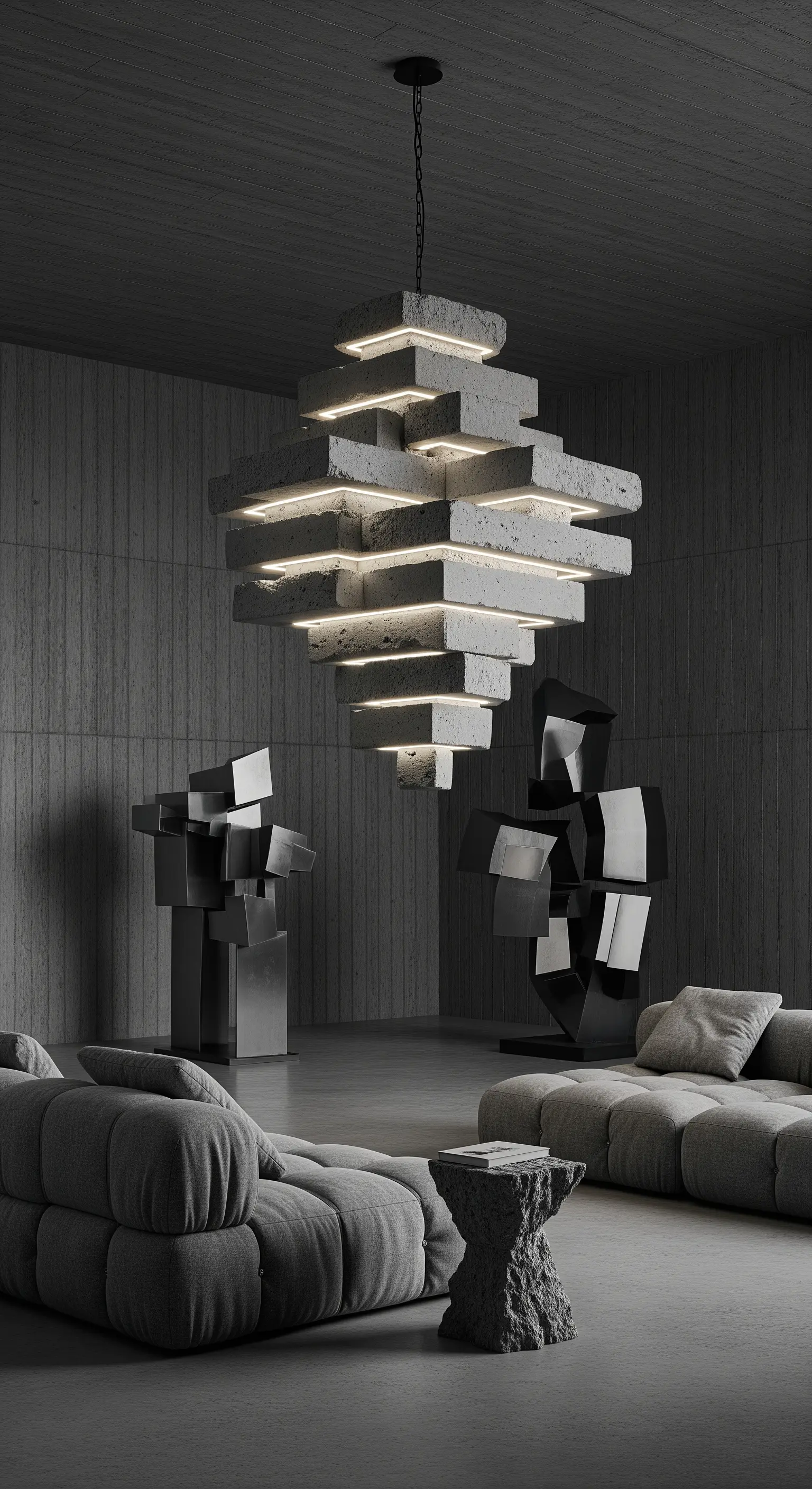 Schwerer Kronleuchter aus gestapelten Betonblöcken in einem minimalistischen Raum im Brutalismus-Stil.