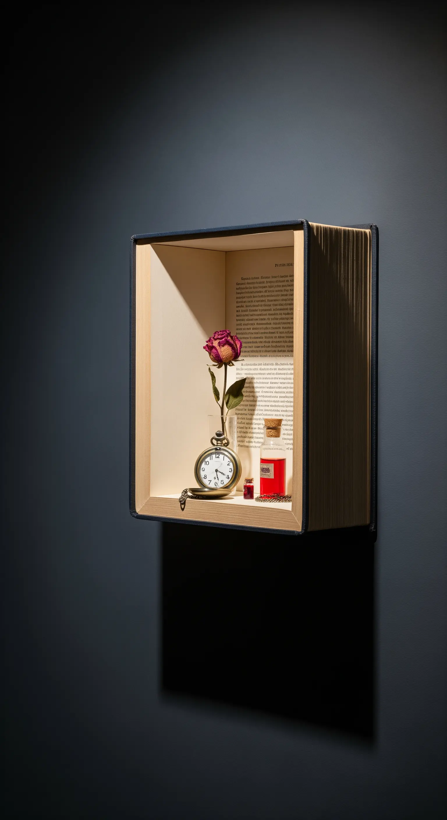 Buch-Schattenbox, Wanddeko, getrocknete Rose, Taschenuhr, Vintage.