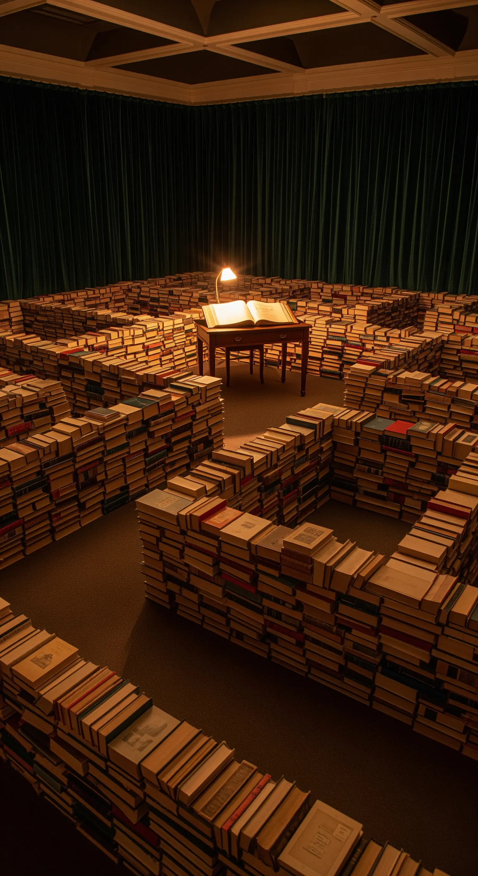 Bücher-Labyrinth, Schreibtisch, offenes Buch, Lampe, immersive Installation.
