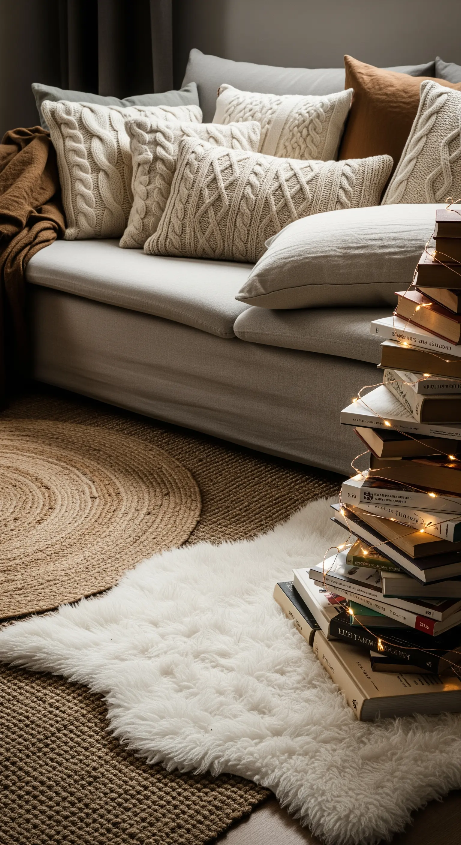 Kreativer Weihnachtsbaum aus Büchern mit Lichterkette, umgeben von Kissen und Fellen auf dem Boden.