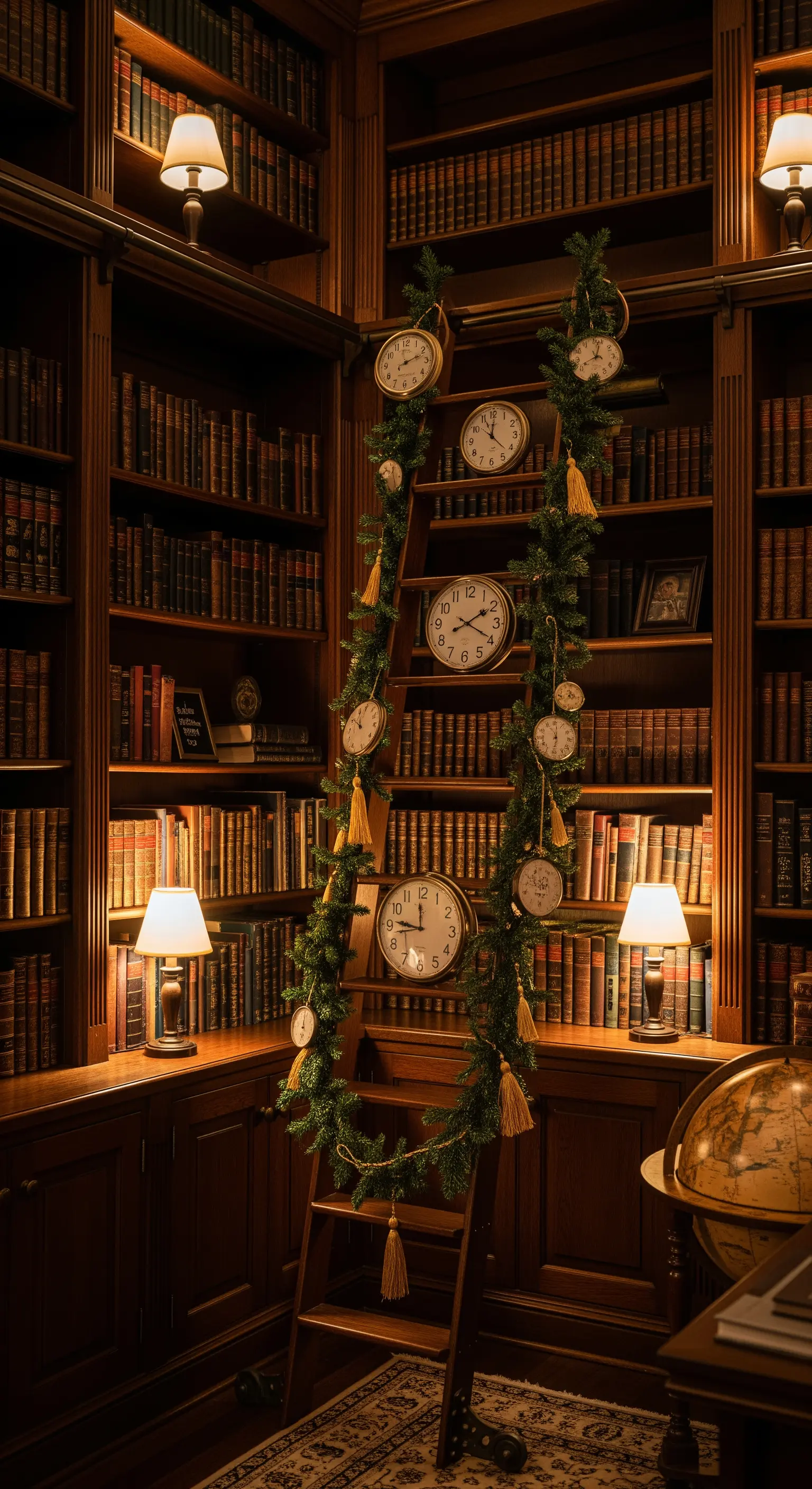 Bibliotheksleiter mit grüner Girlande, verziert mit Uhren und goldenen Quasten