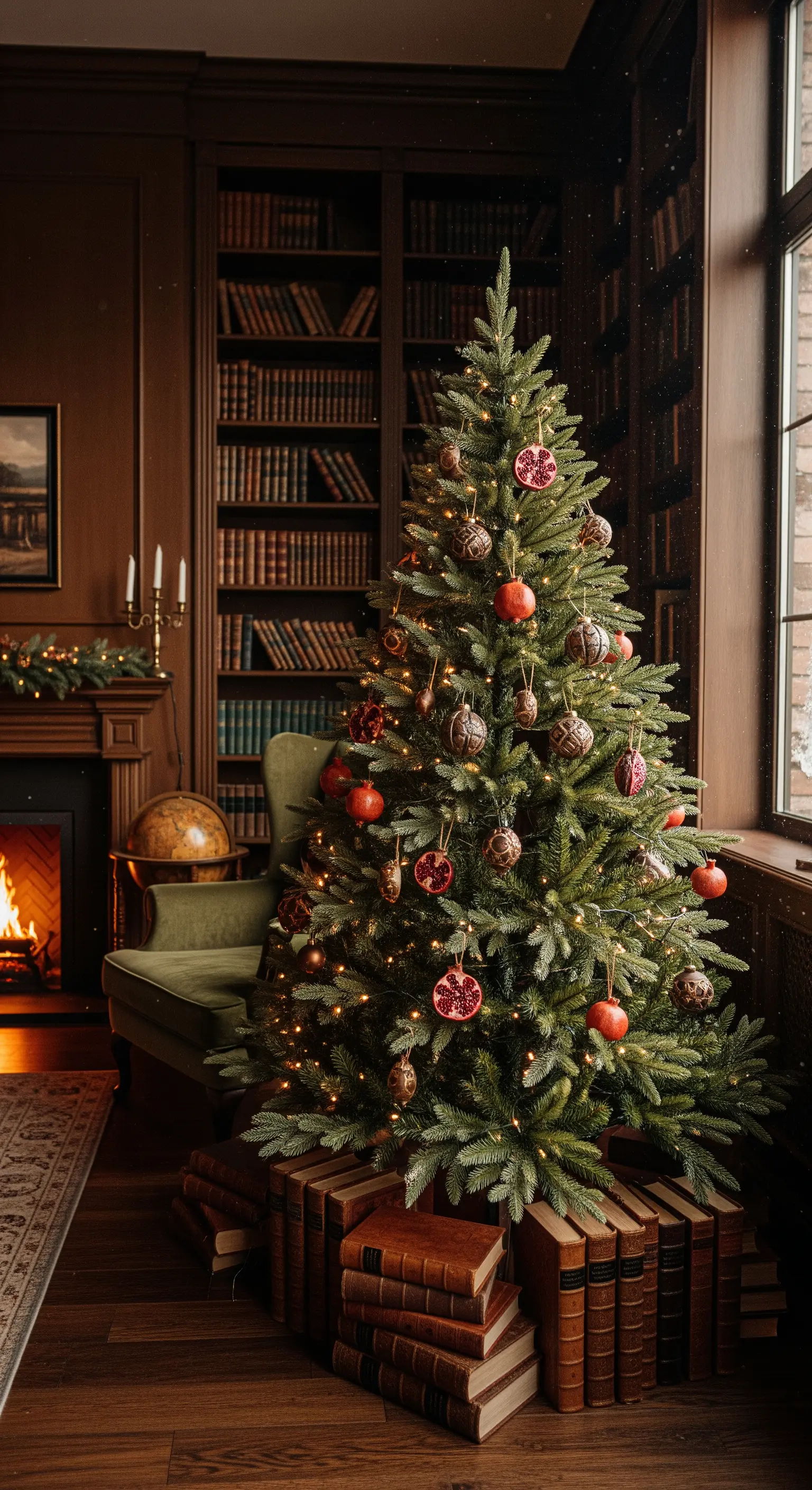 Weihnachtsbaum mit Granatäpfeln, warmen Lichtern, Baumständer aus Vintage-Büchern in Bibliothek.