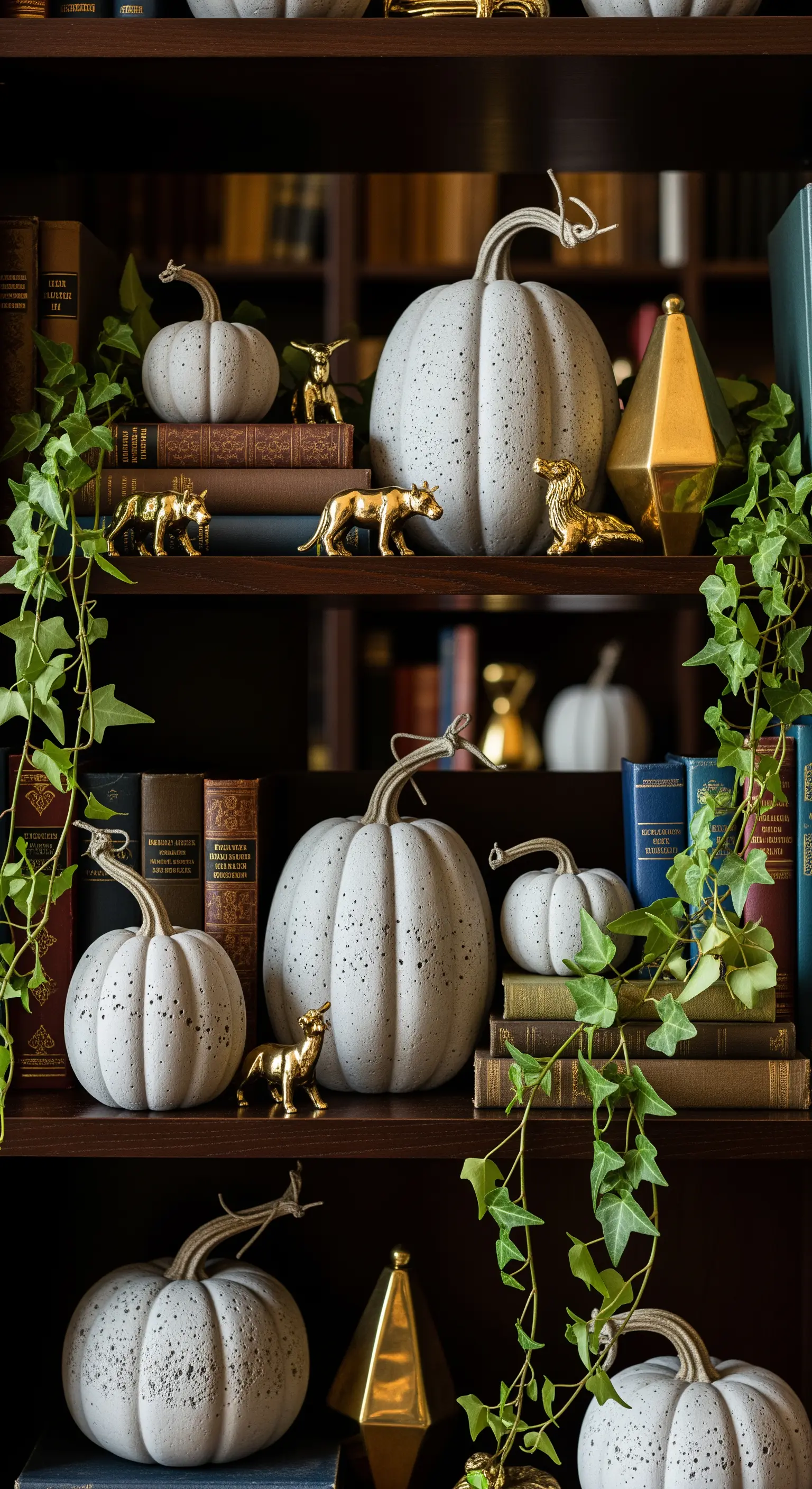 Bücherregal mit gesprenkelten weißen Kürbissen, goldenen Tierfiguren und Efeu.