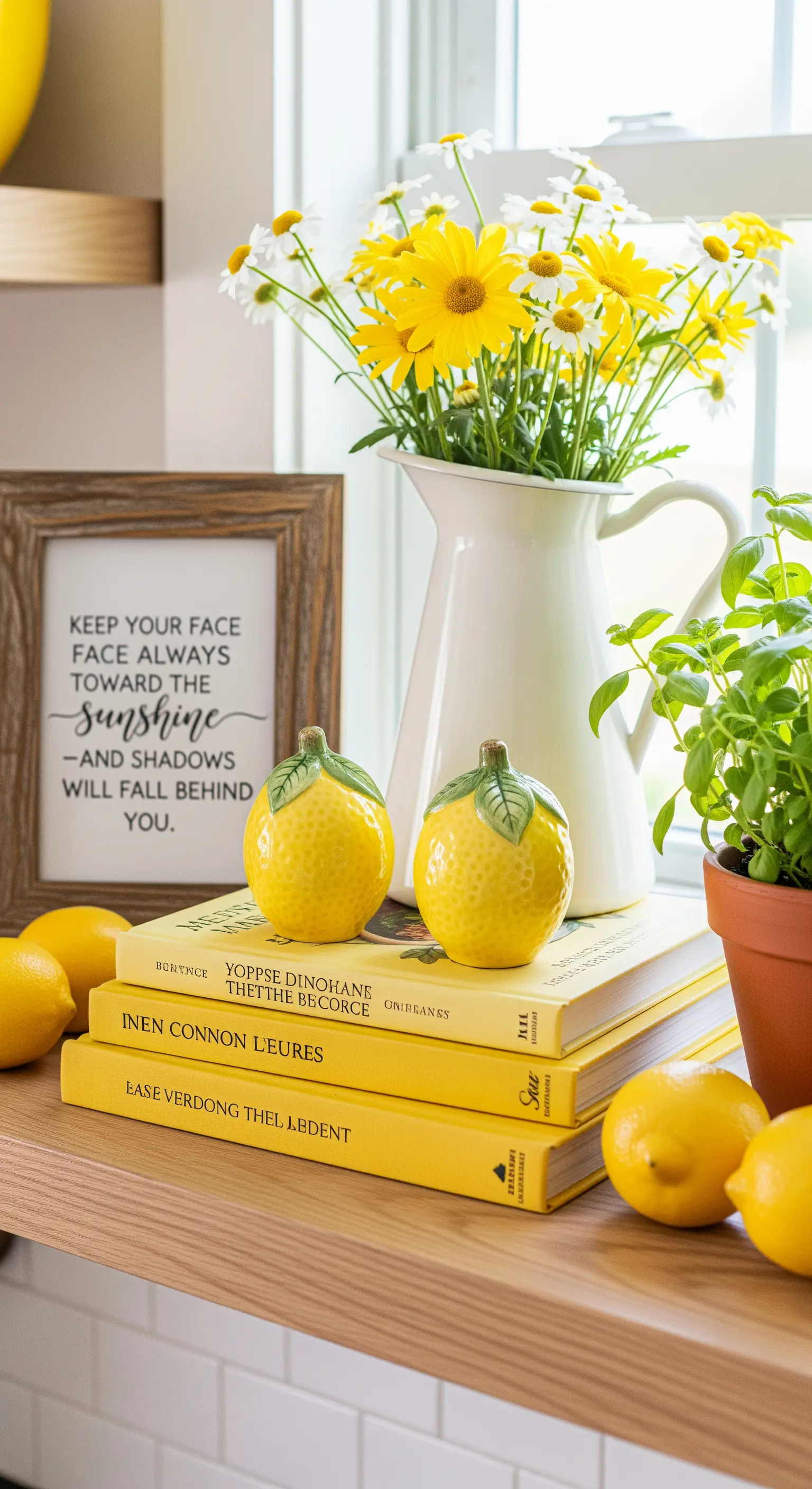 Gelbe Bücher und Zitronen-Deko auf Küchenregal