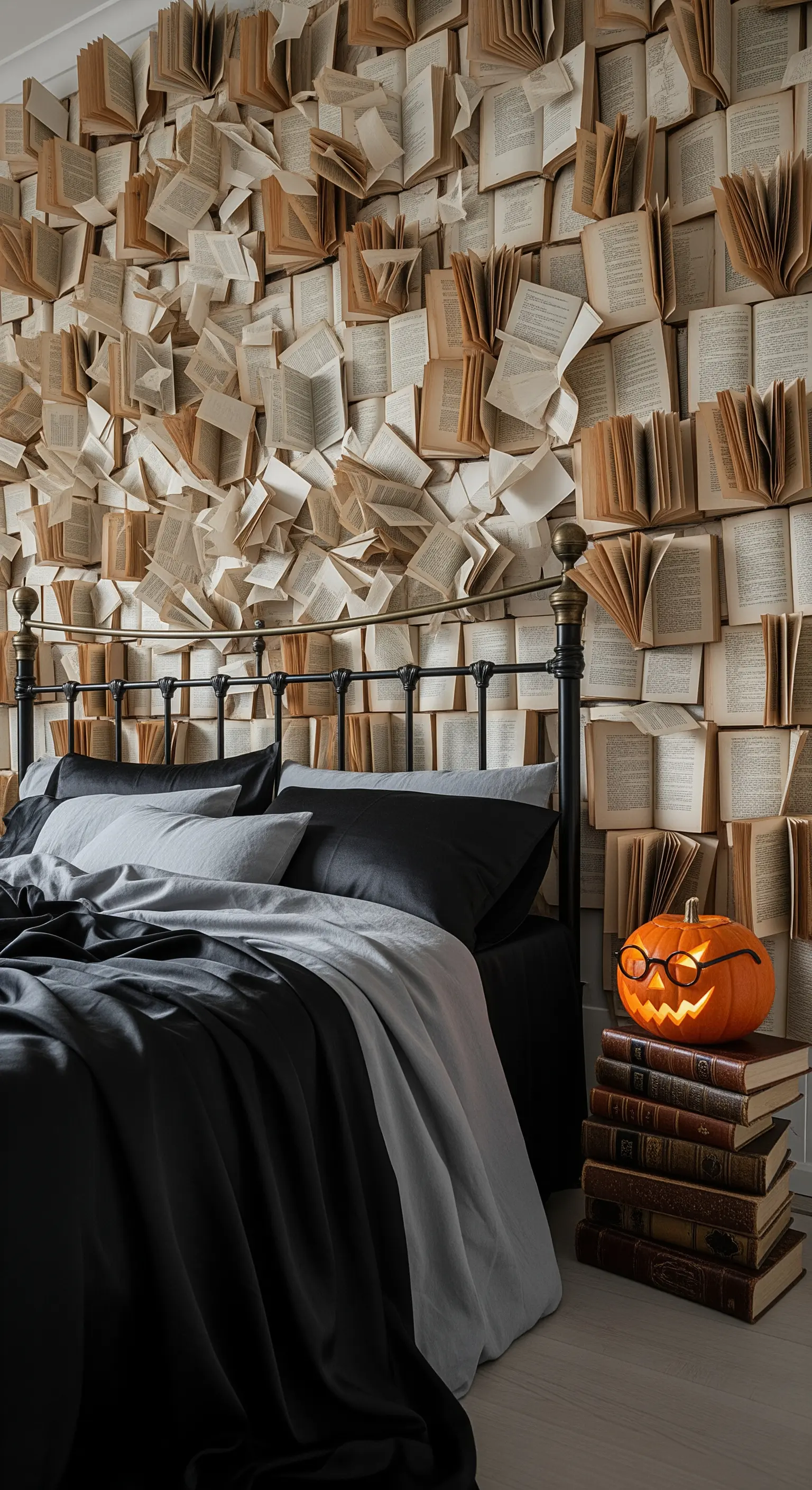 Bücherwand, Schlafzimmer, schwarze Bettwäsche, Kürbis, Dark Academia.