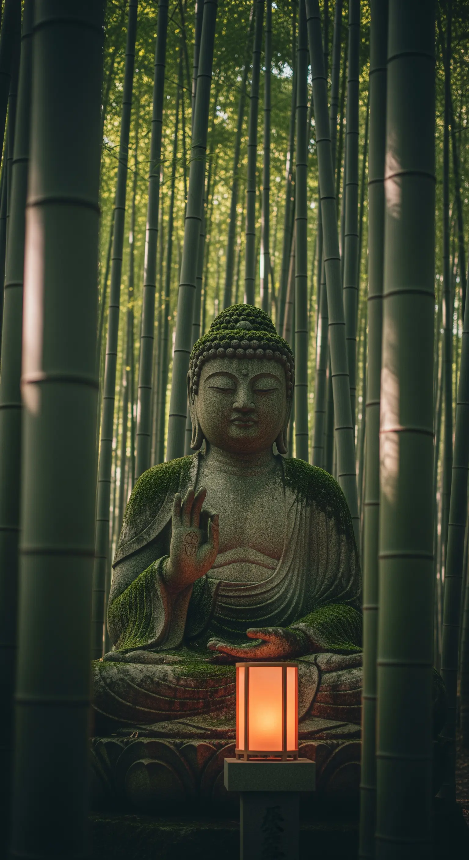 Moosbewachsene Buddha-Statue in Bambuswald, beleuchtet von kubischer Papierlaterne