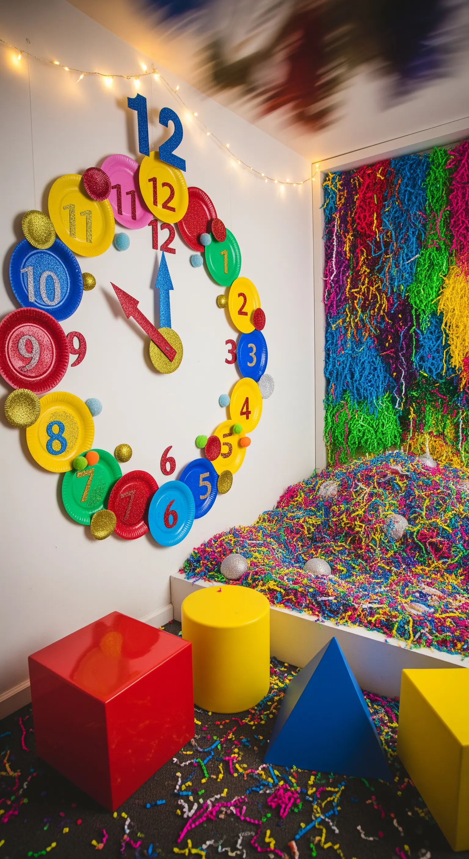 Riesige Uhr aus Papptellern und eine Konfetti-Grube für Kinder.
