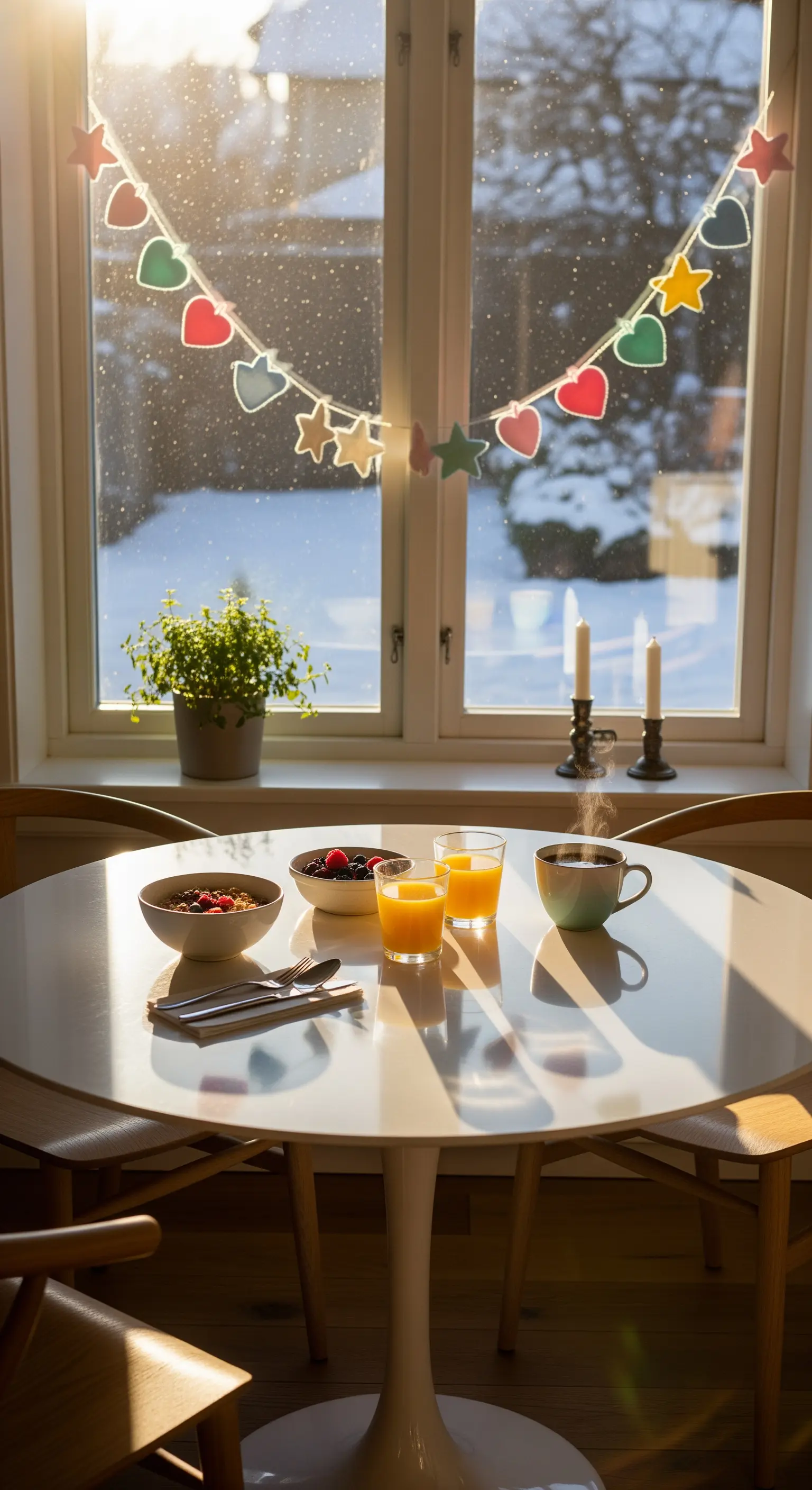 Bunte Girlande aus Herzen und Sternen am Fenster eines Frühstückszimmers
