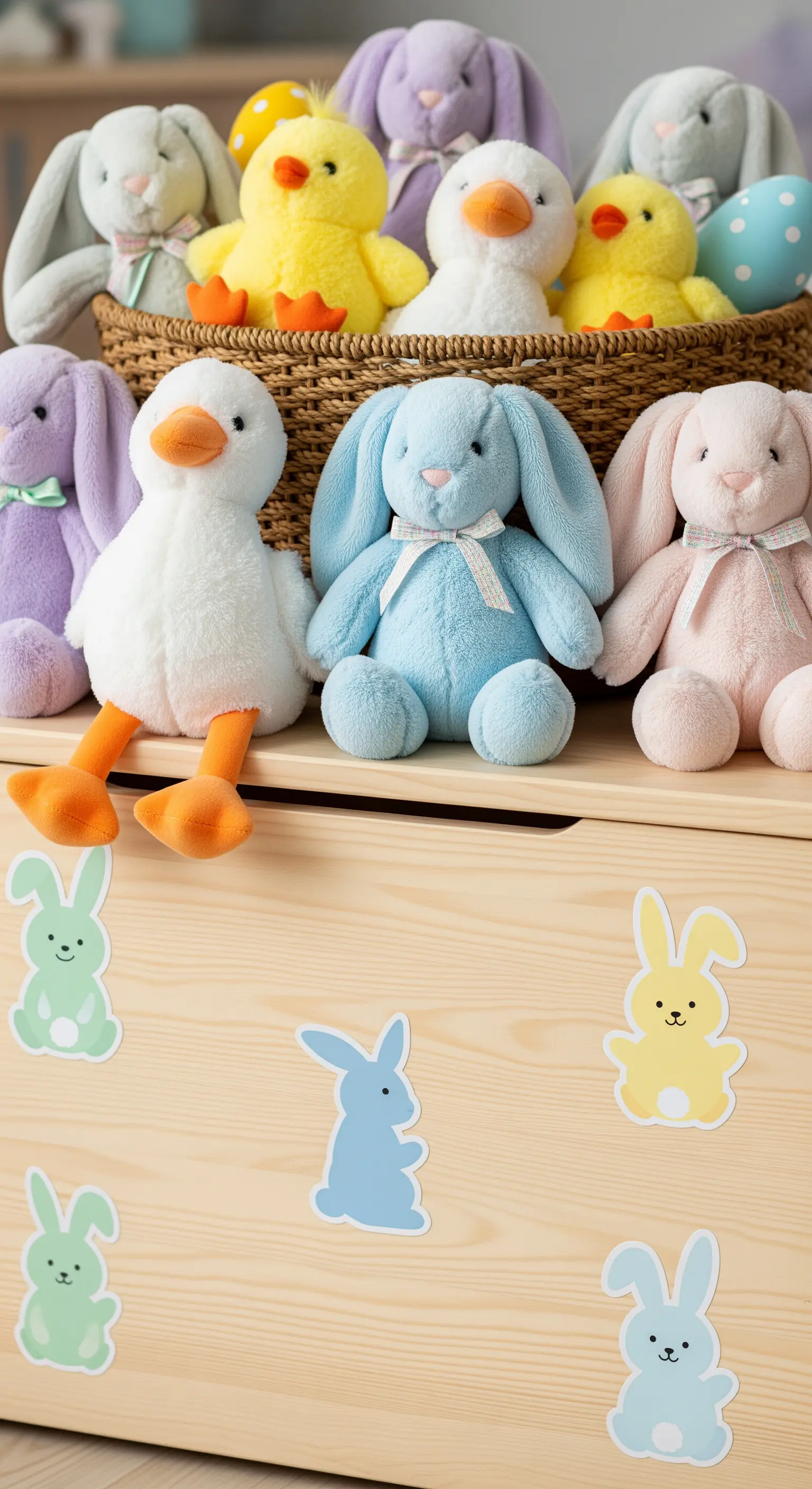 Plush bunnies and chicks on a wooden toy chest with bunny stickers.
