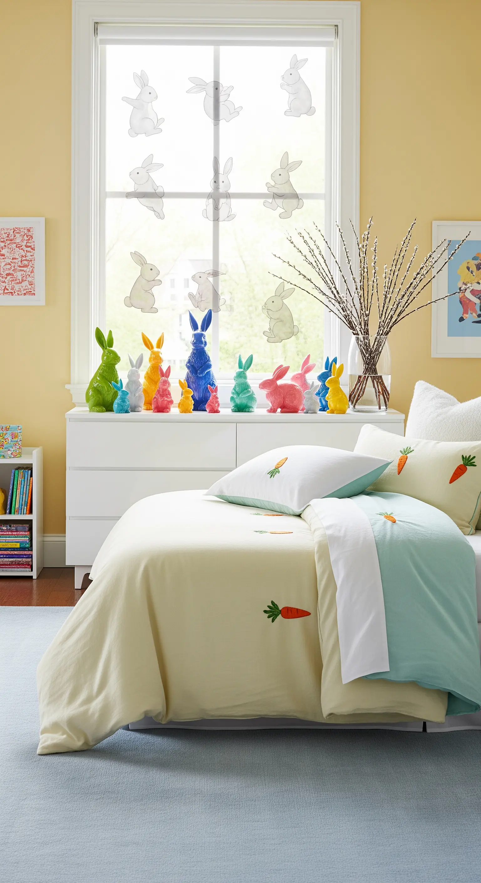 Kids' bedroom with colorful bunny figurines and carrot-themed bedding.