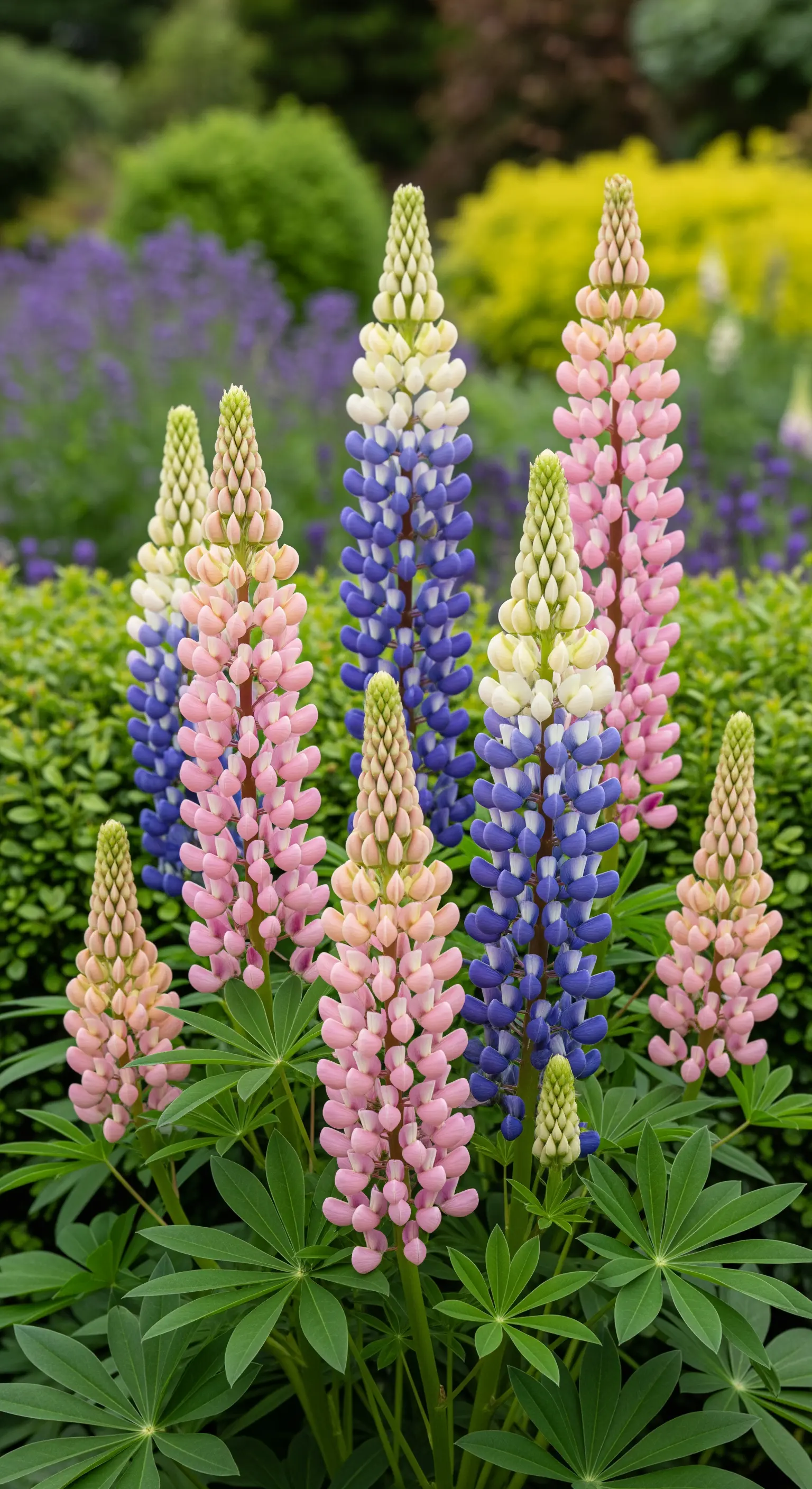 Lupinen in Pink, Blau und Weiß in einem Blumenbeet