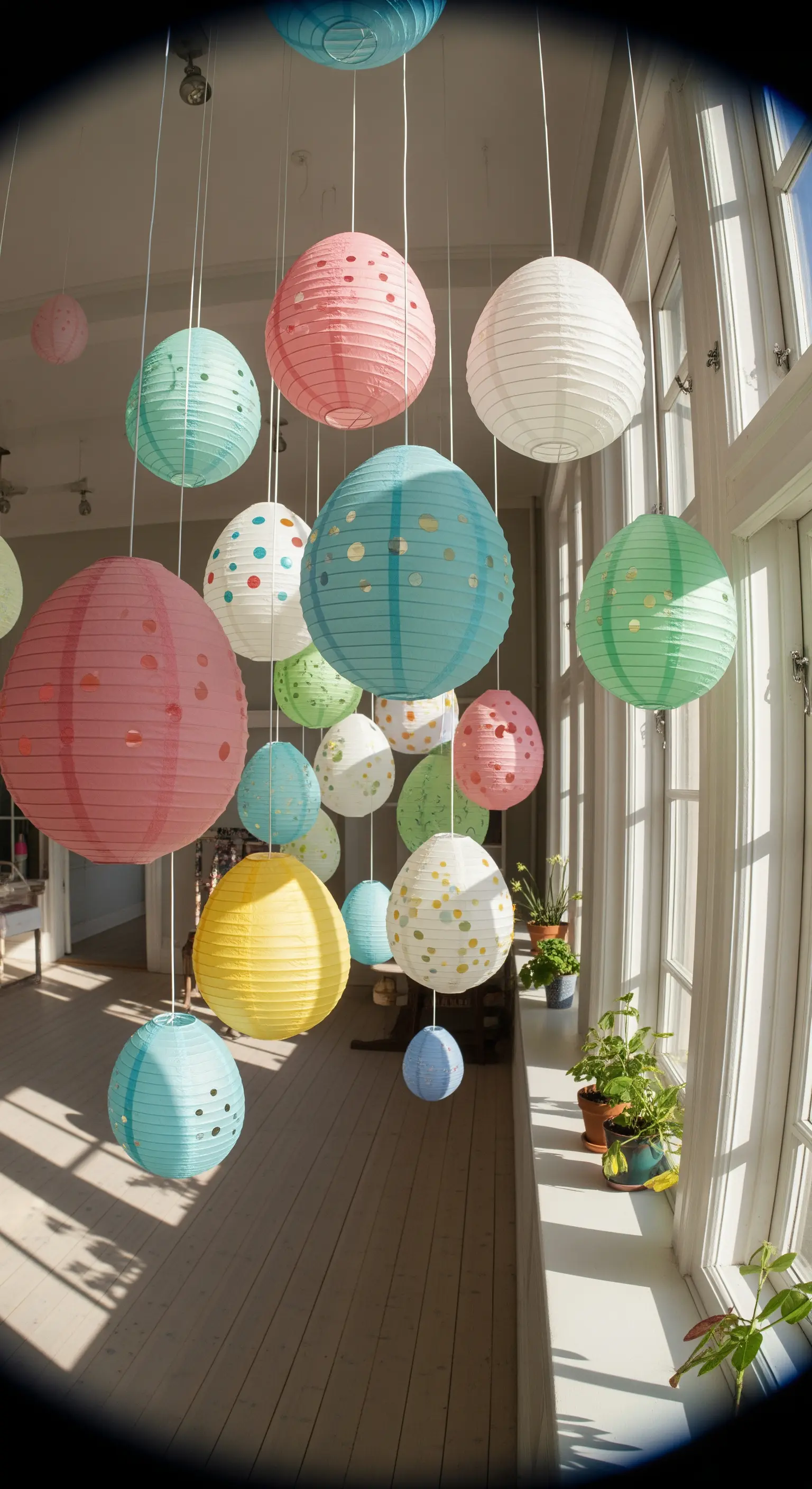Bunte Papierlaternen in Eierform hängen von der Decke in einem hellen Raum