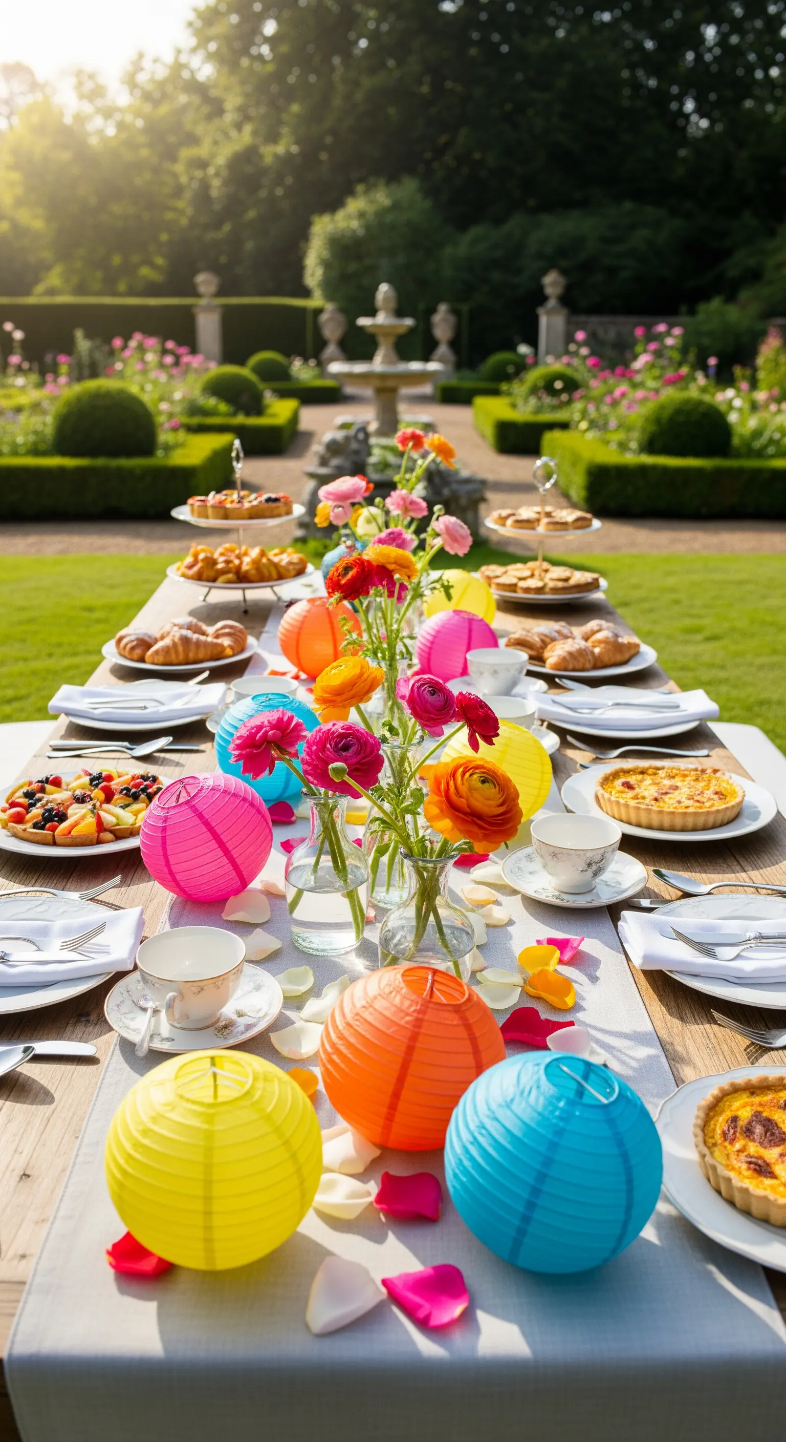 Bunte Papierlaternen und Wildblumen auf Gartentafel