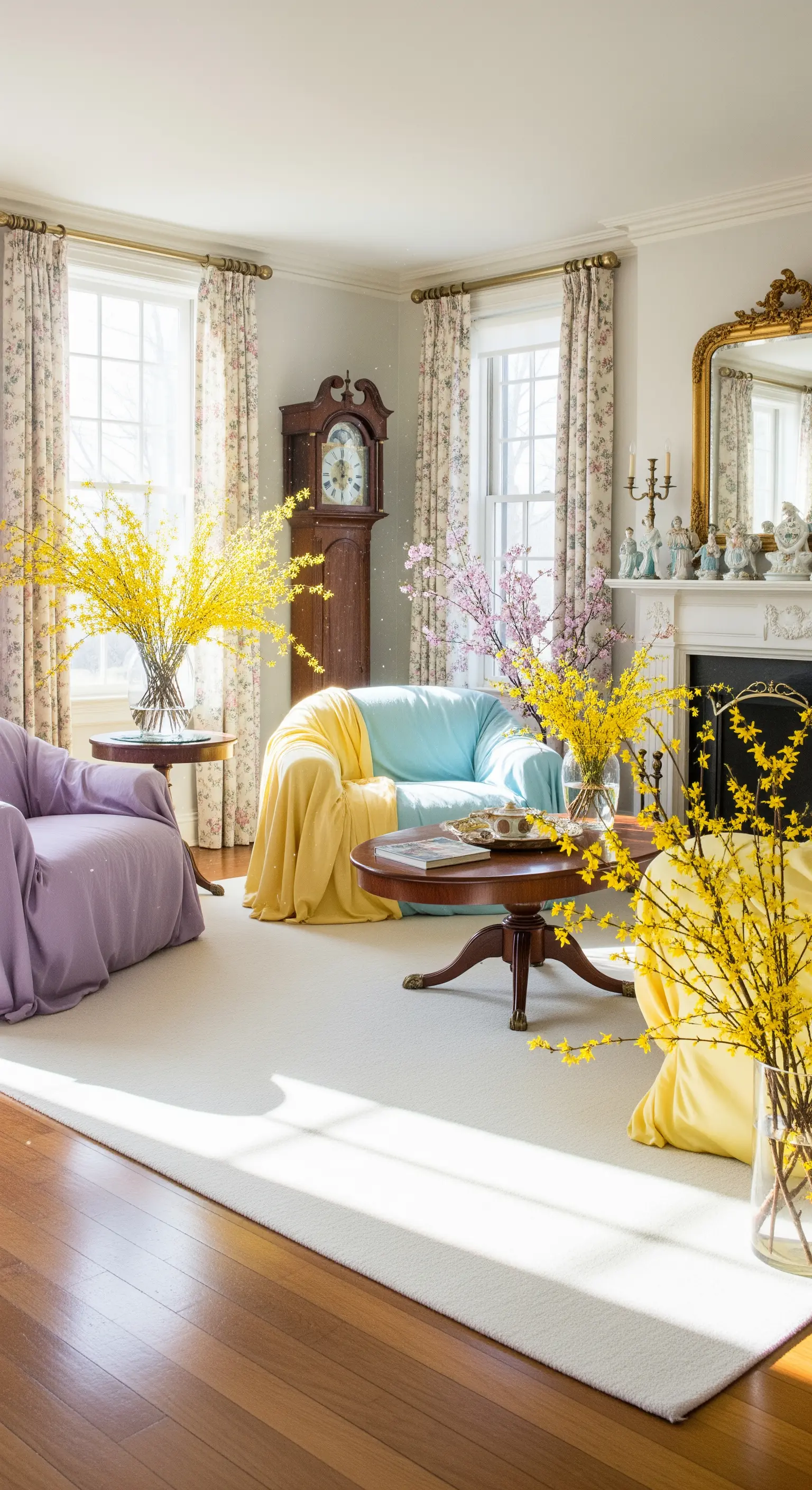 Wohnzimmer mit bunten Plaids, Forsythien und Kirschblütenzweigen