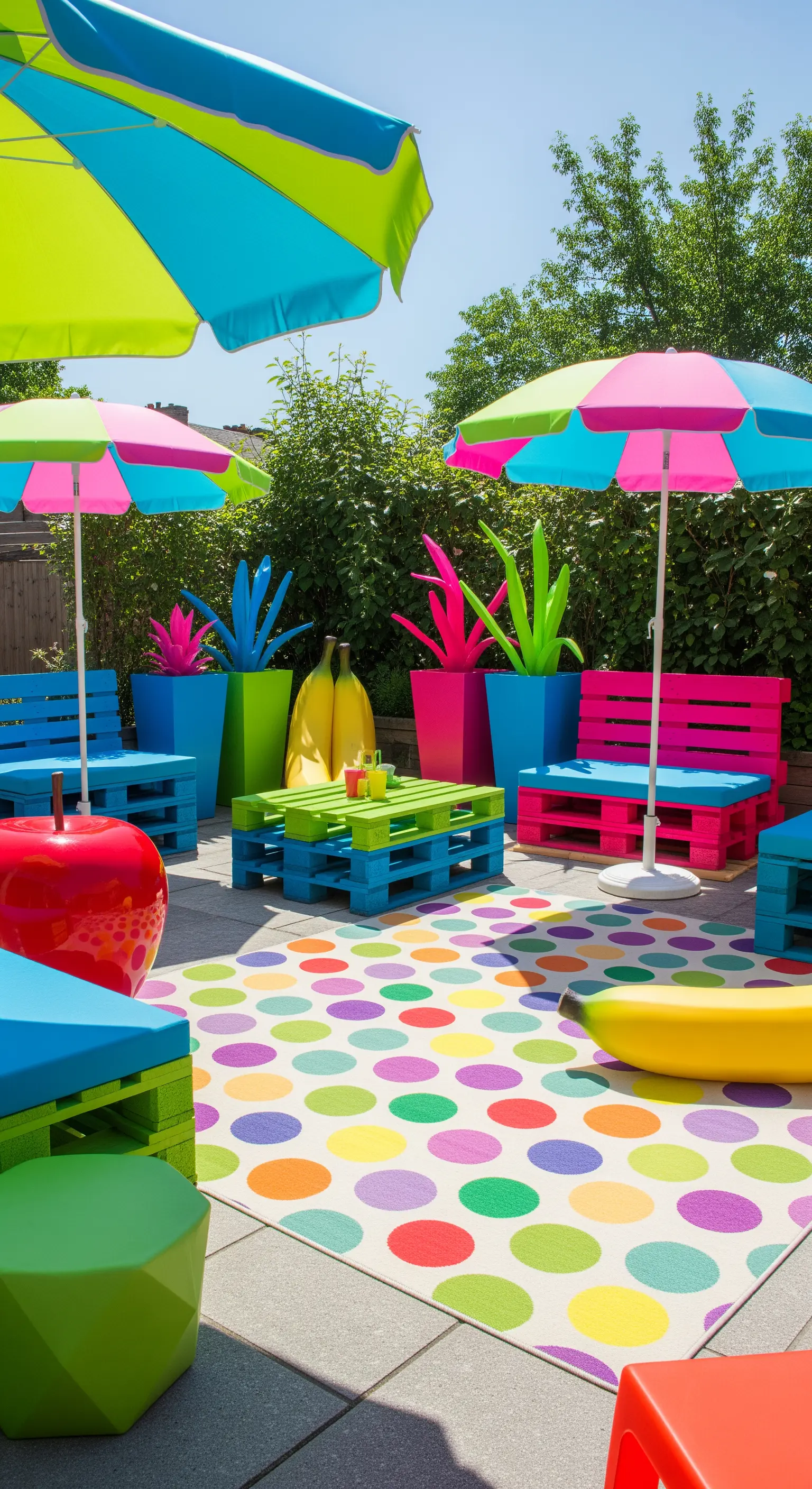 Bunte Palettenmöbel in Pink, Blau, Grün mit Polka Dot Teppich und farbigen Sonnenschirmen.