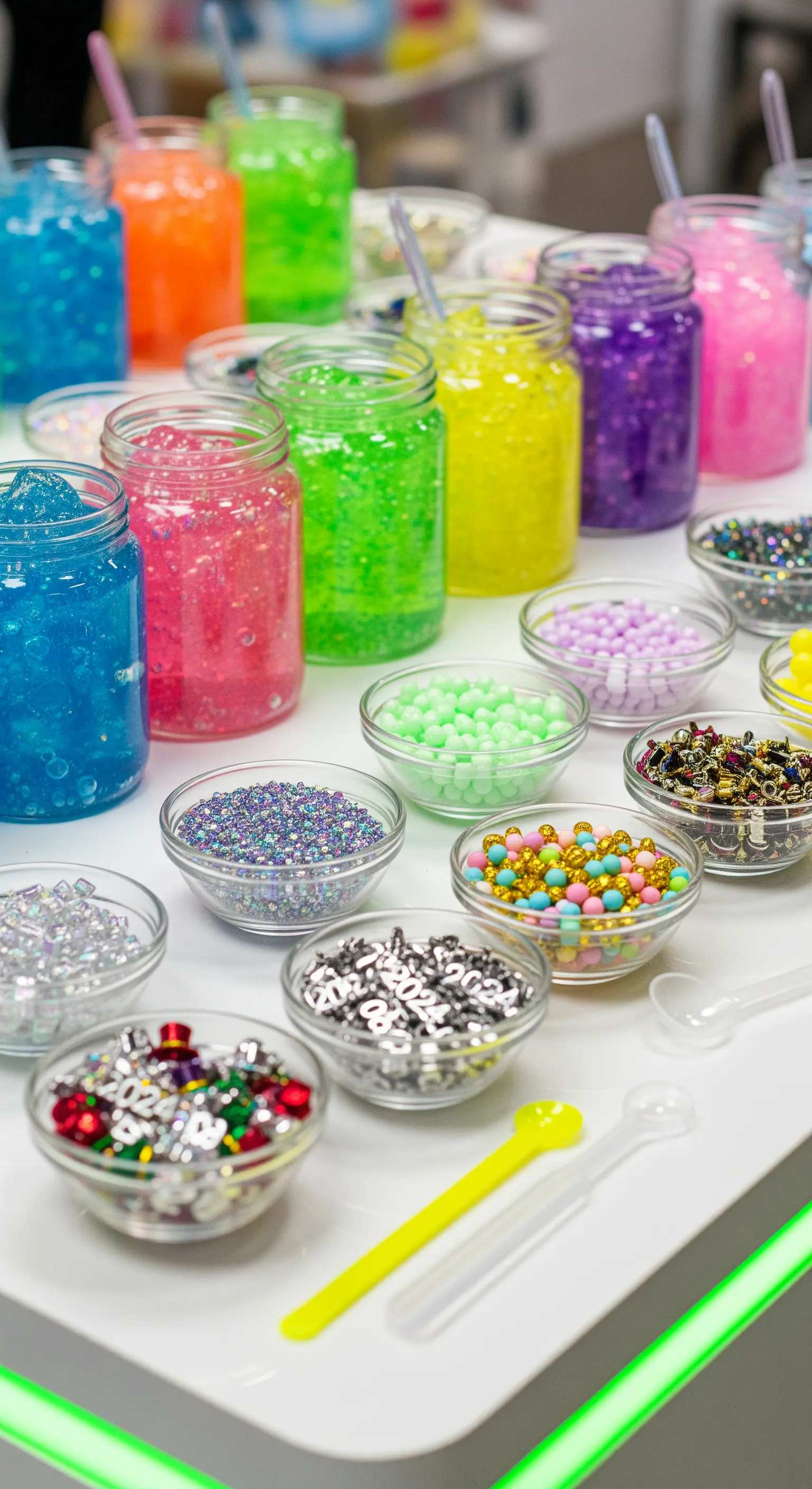 Station zum Selbermachen von Glitzer-Gelee mit verschiedenen Perlen.