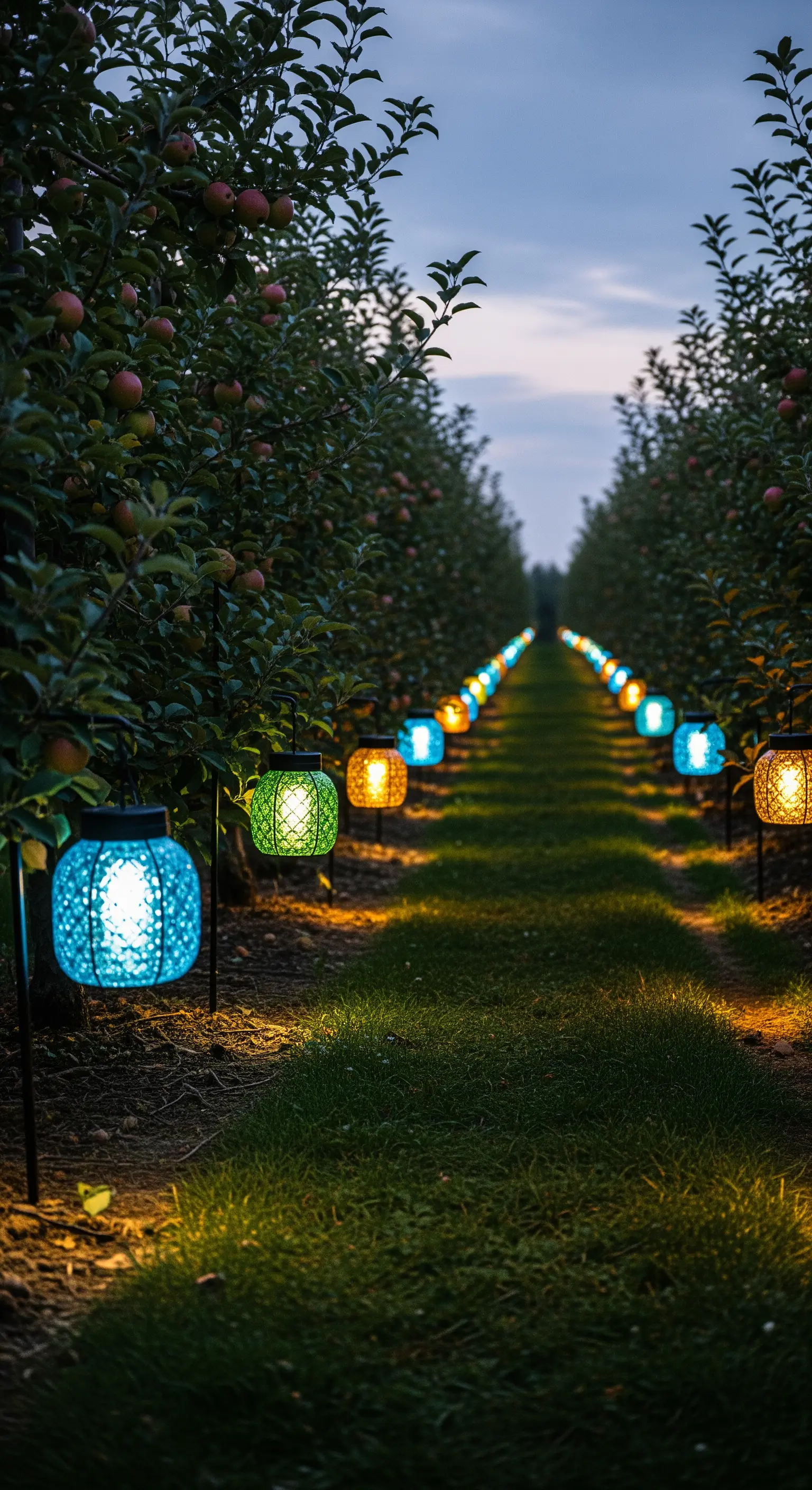 Ein Grasweg zwischen Obstbäumen, gesäumt von bunten Solarlaternen.