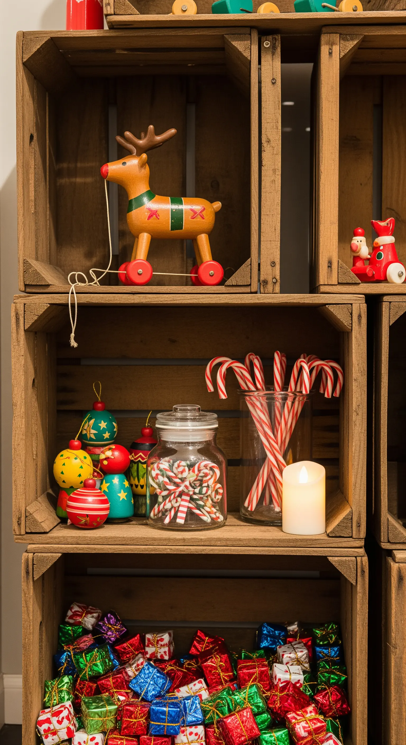 Gestapelte Holzkisten gefüllt mit Vintage-Spielzeug, Zuckerstangen und kleinen Geschenken