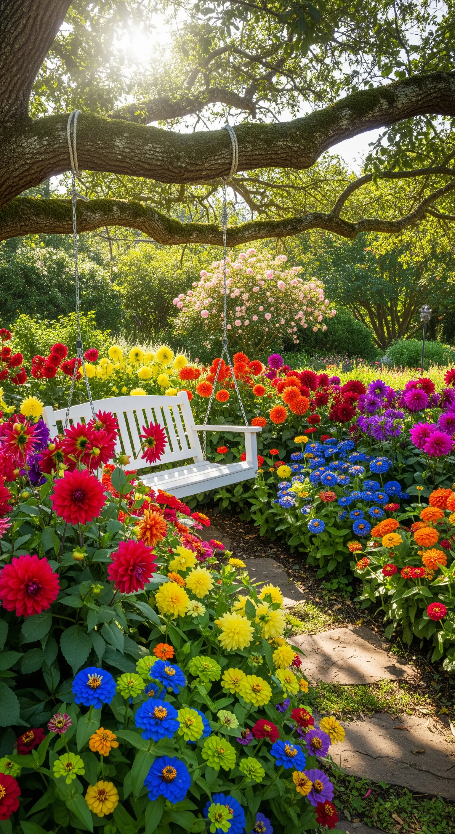 Weiße Schaukelbank in einem Beet aus bunten Dahlien und Zinnien