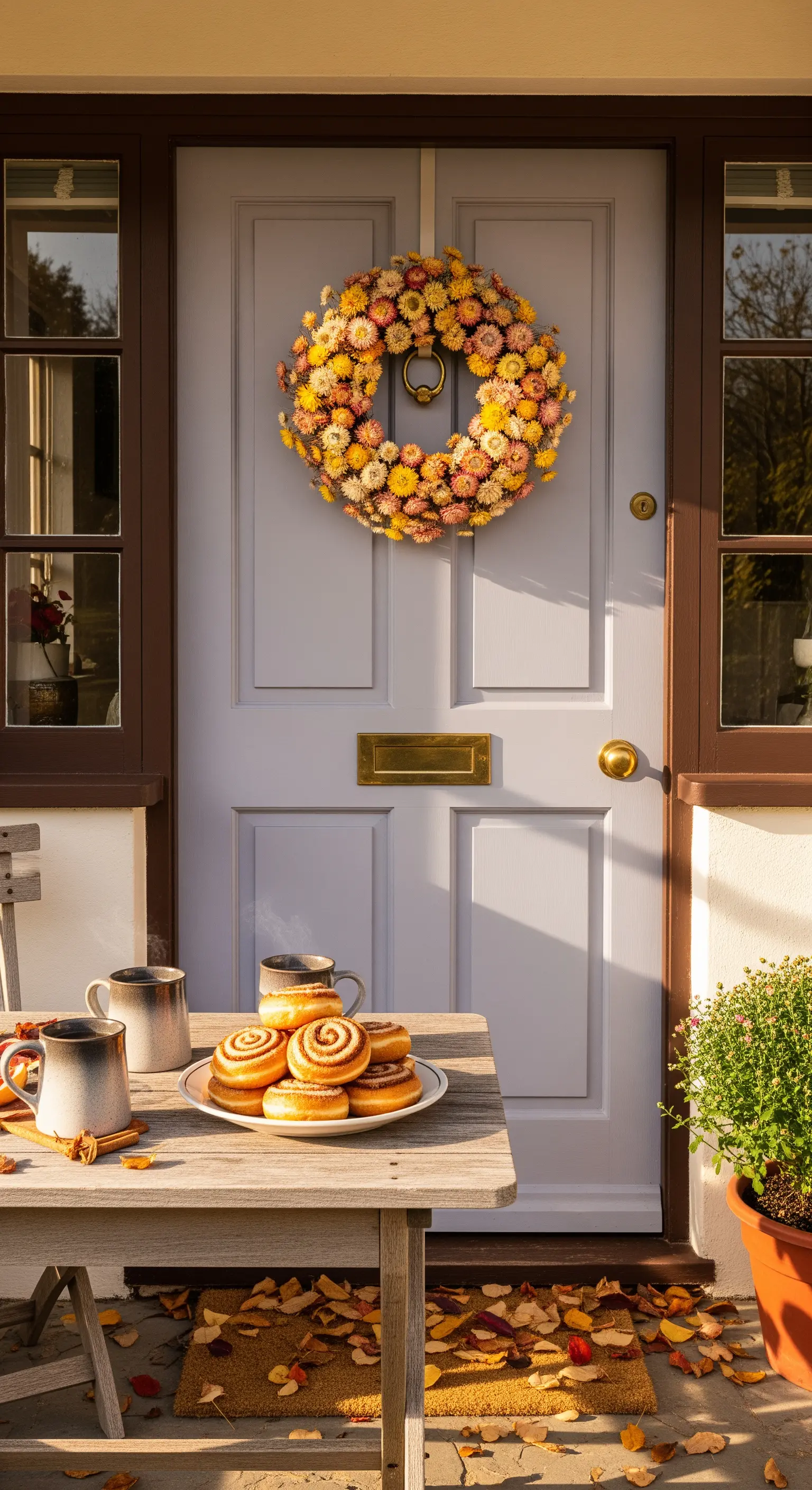 Lavendelgraue Tür mit buntem Chrysanthemen-Kranz und Holztisch mit Zimtschnecken