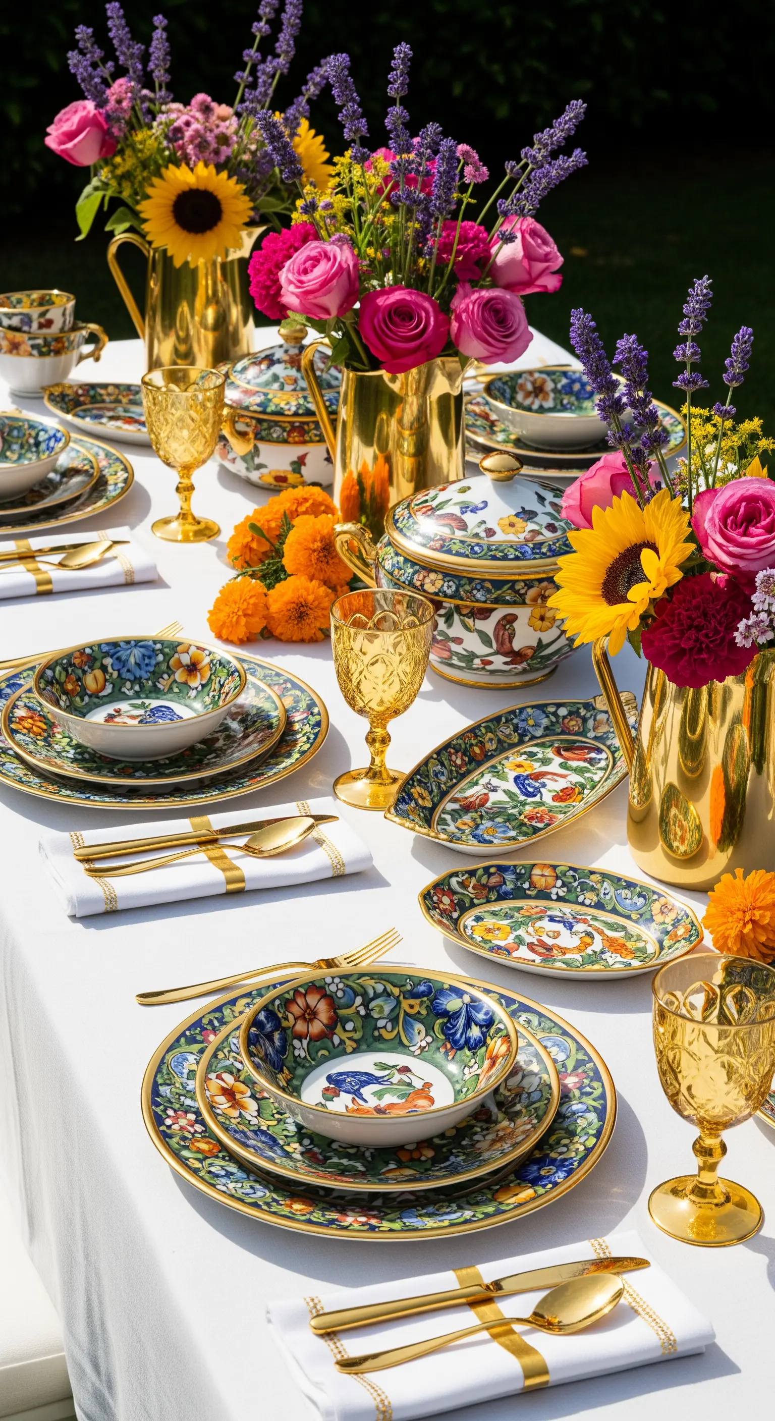 Tisch mit buntem floralen Porzellan, goldenen Kannen, Sonnenblumen, Lavendel und Rosen