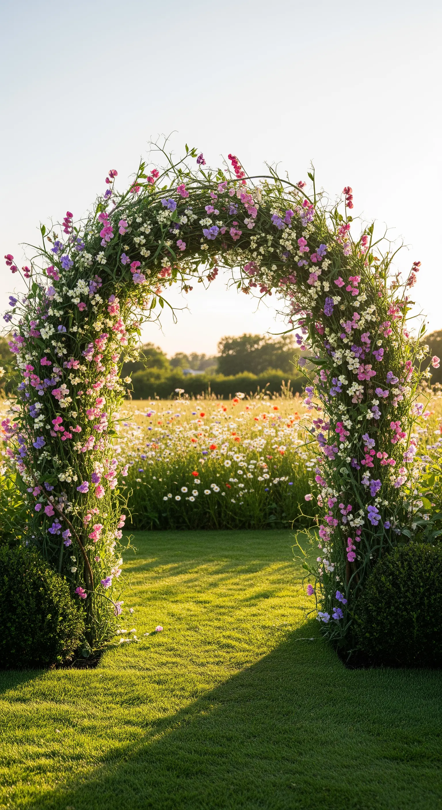 Wildblumen-Bogen, Wiesenlandschaft, verträumter Garteneingang