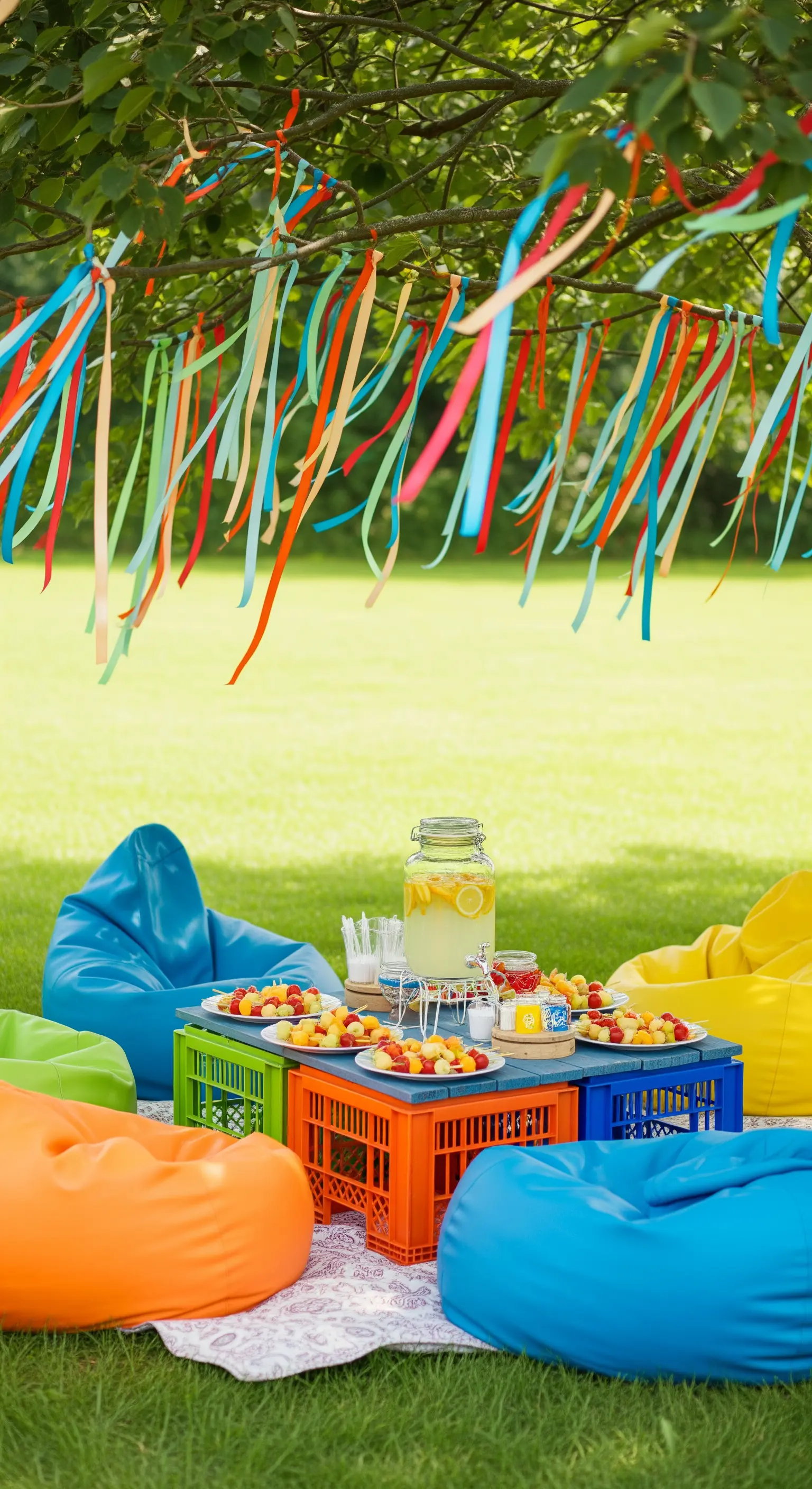 Bunte Sitzsäcke, Obstkisten-Tische, Fruchtplatten und Bänder am Baum.