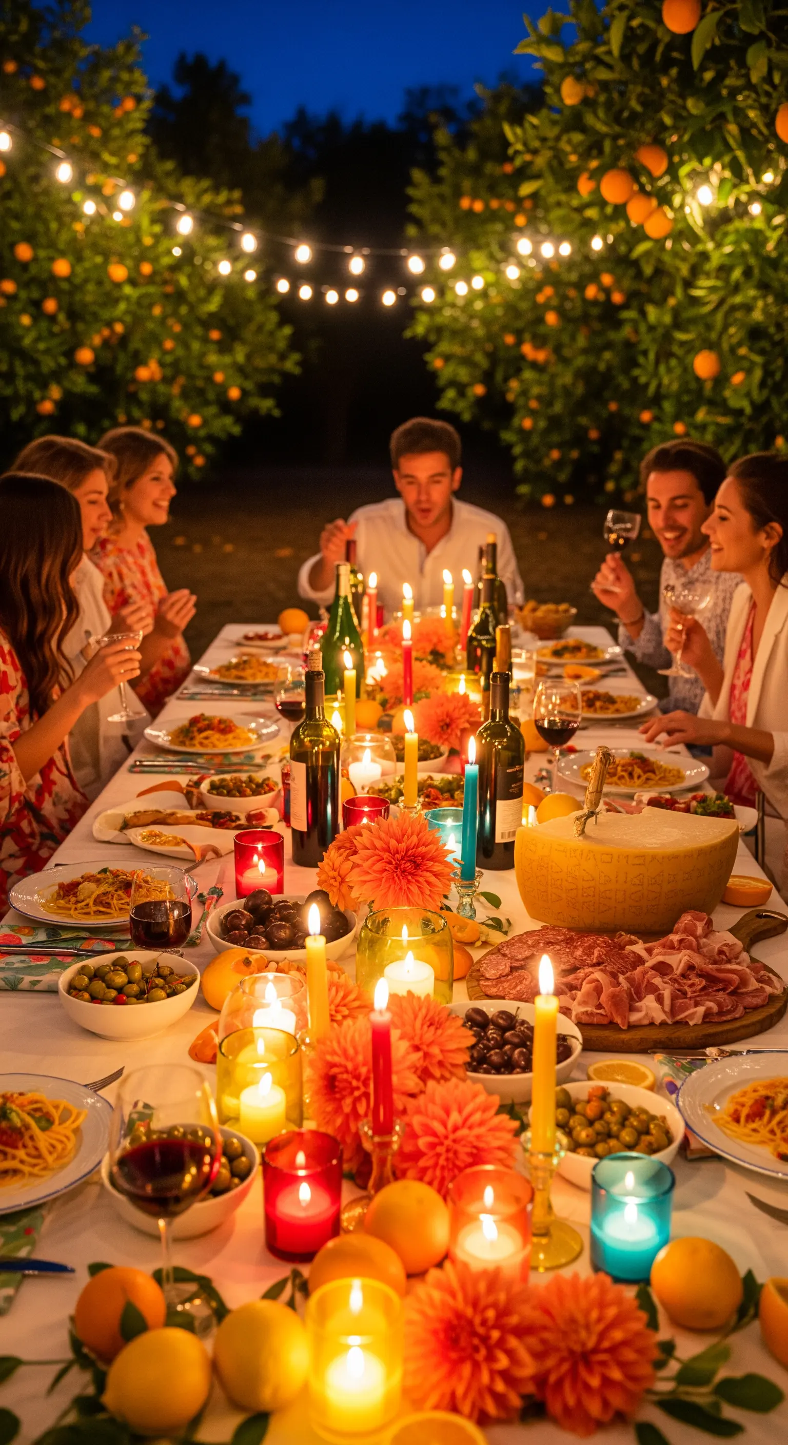 Lange Tafel unter Orangenbäumen mit bunten Blumen, vielen Kerzen und Lichterketten.