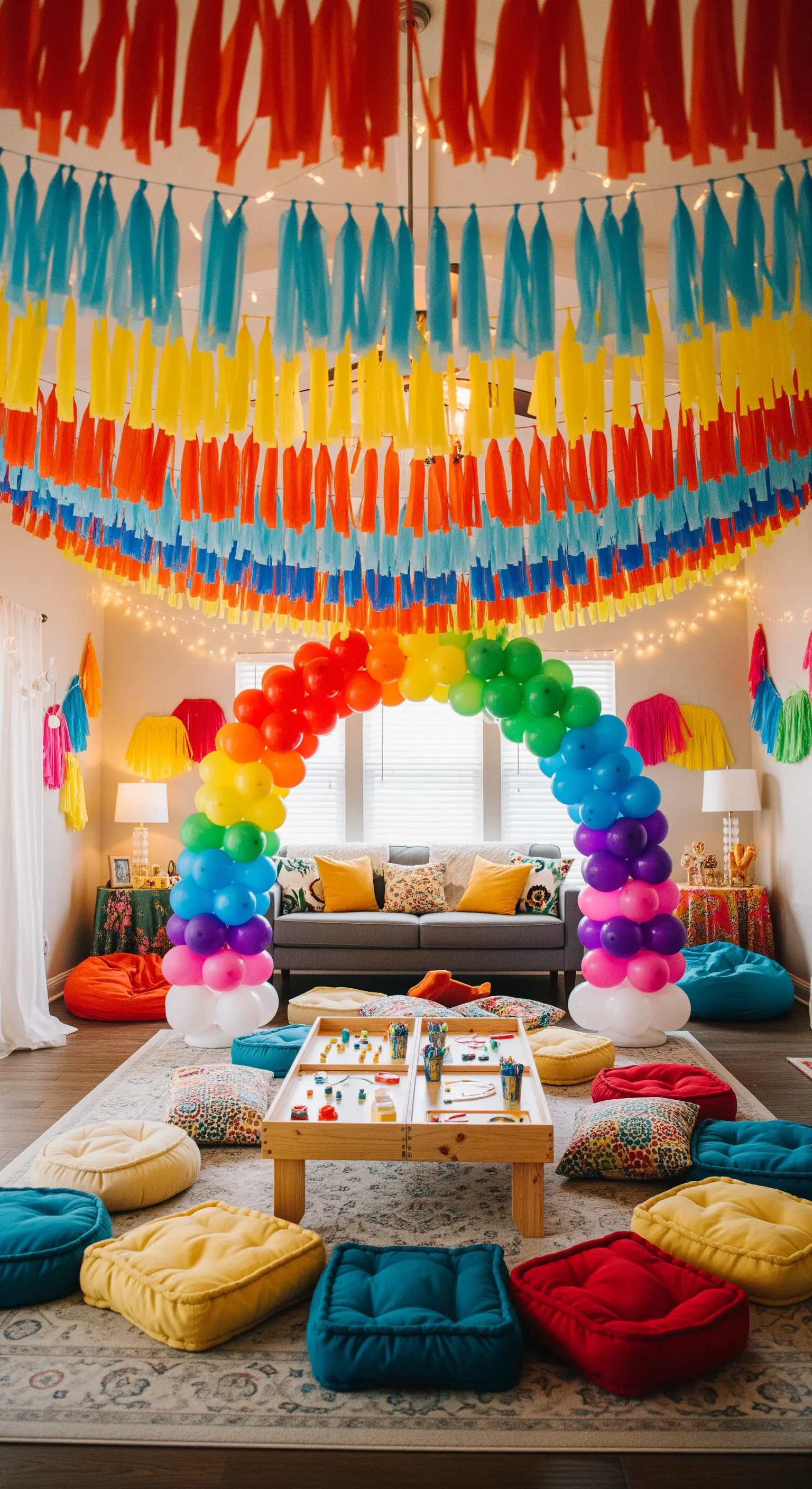 Regenbogen-Partydeko mit Deckenstreamern, Ballonbogen und Bodenkissen für Kinder.