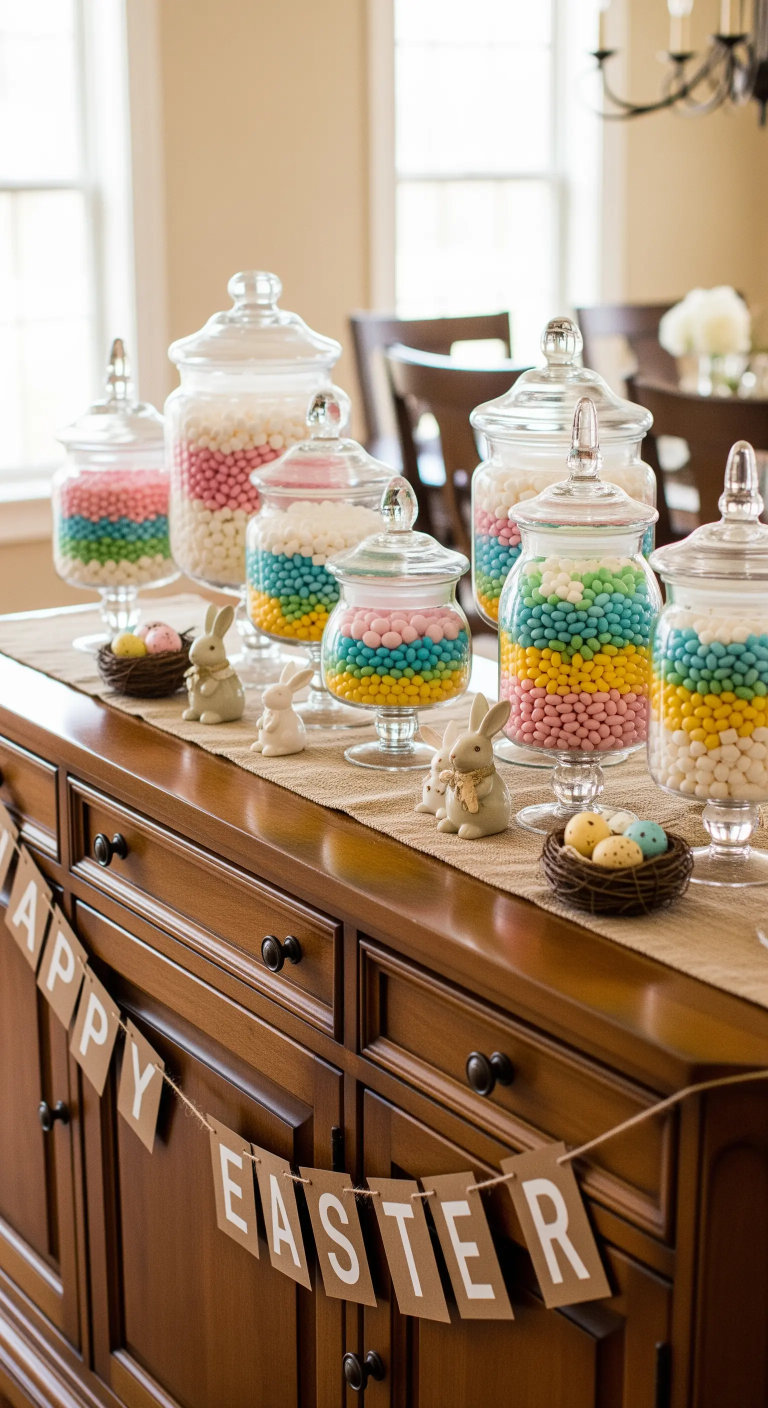 Sideboard mit Süßigkeiten-Buffet in Glasgefäßen und Oster-Deko
