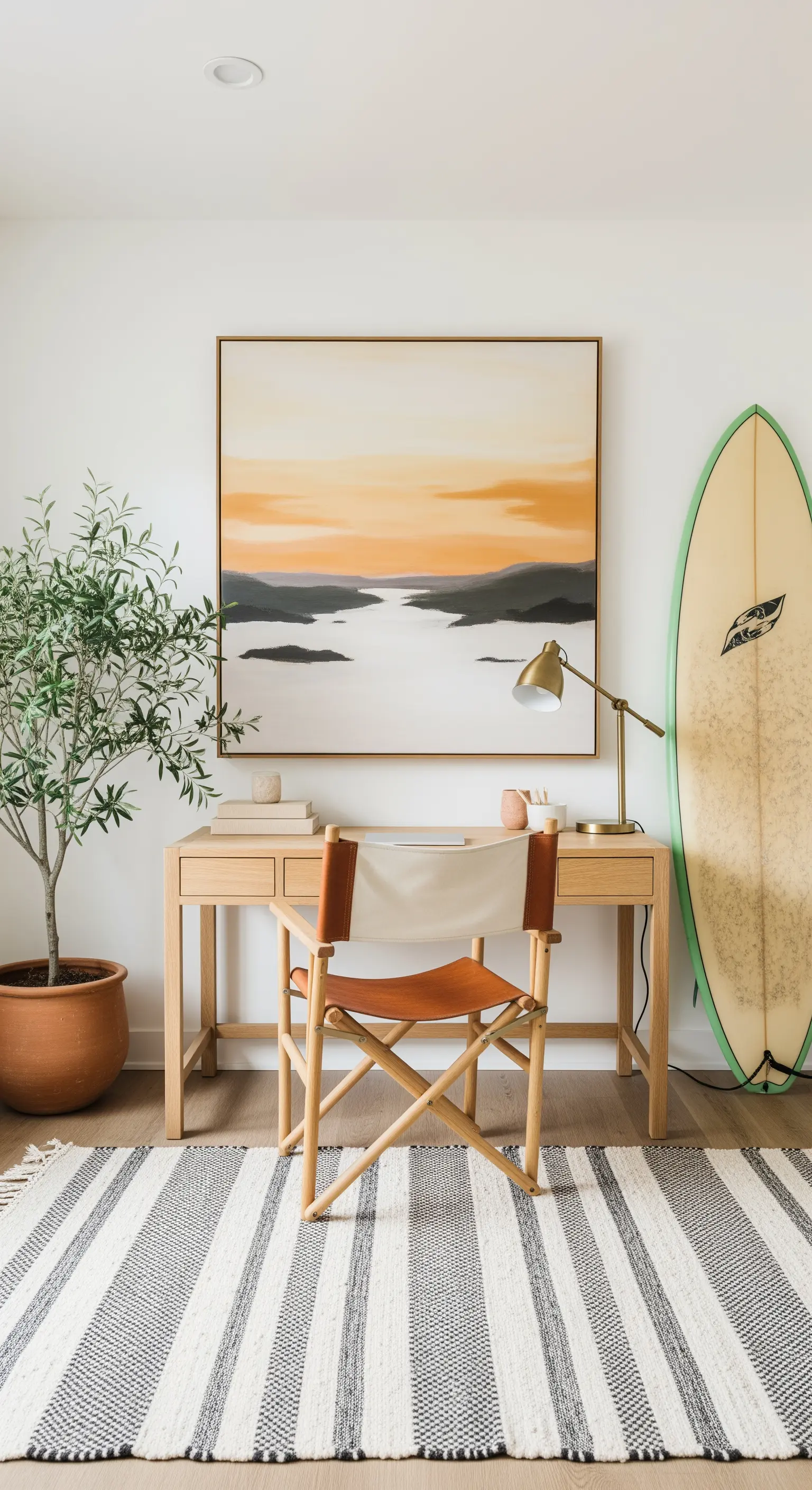 Entspanntes Homeoffice mit hellem Holz, Landschaftsbild und einem Surfboard an der Wand.