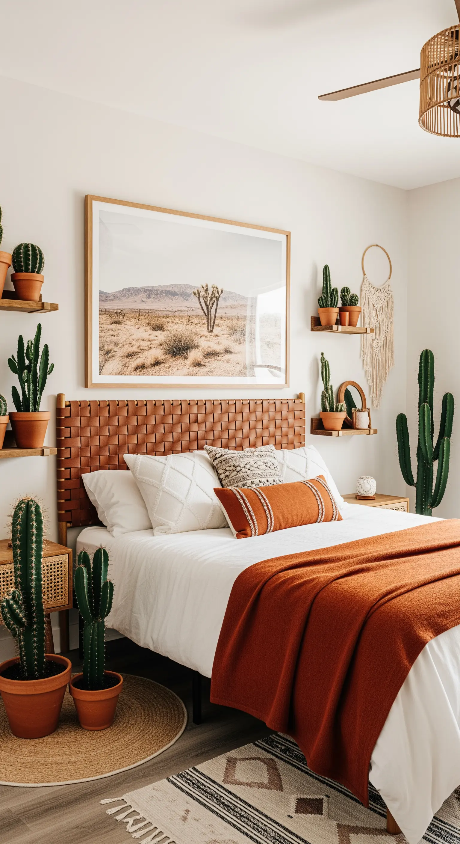 Modernes Boho-Schlafzimmer im Wüsten-Stil mit Leder-Kopfteil und vielen Kakteen.