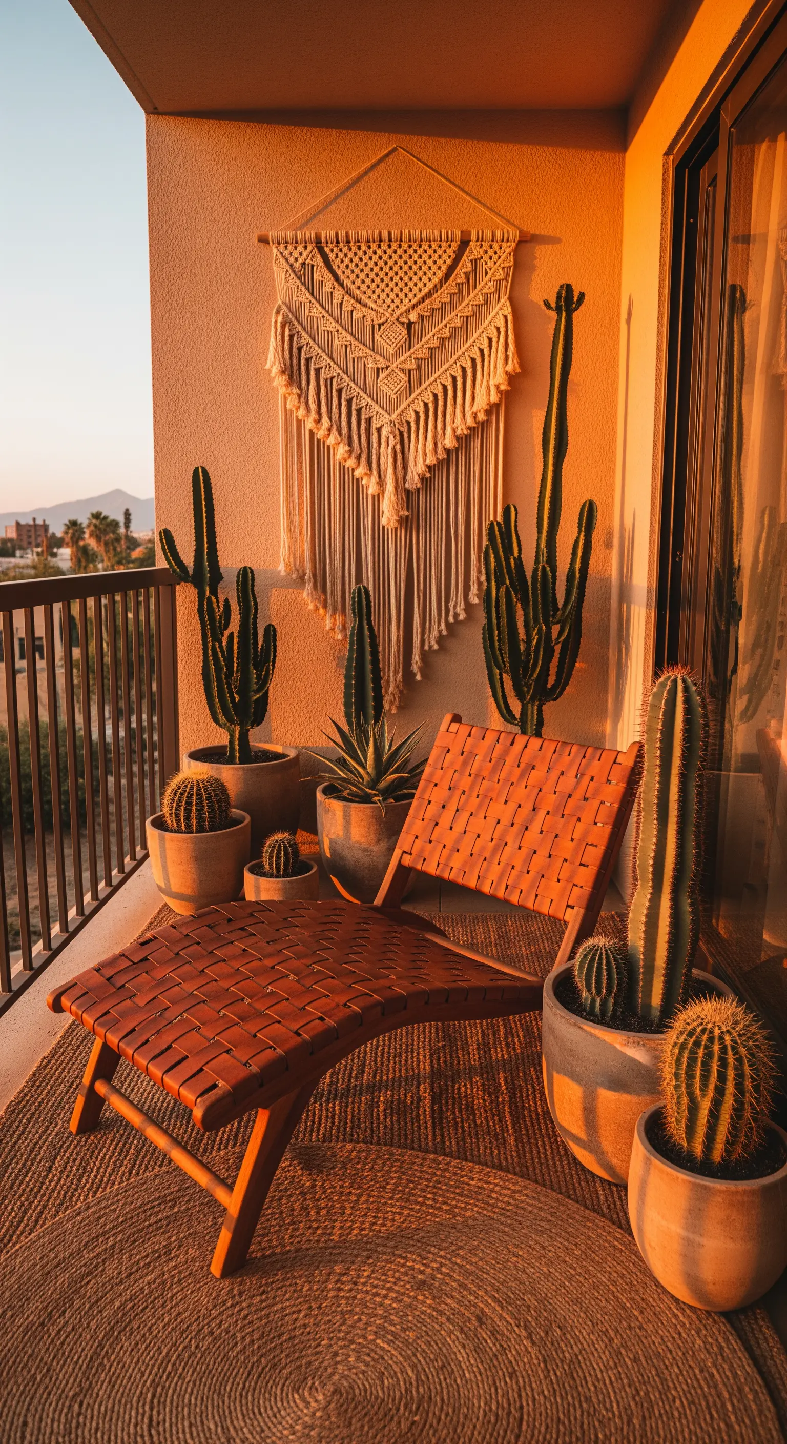 Balkon im Wüsten-Stil mit Ledersessel, Kakteen und großem Makramee-Wandbehang.