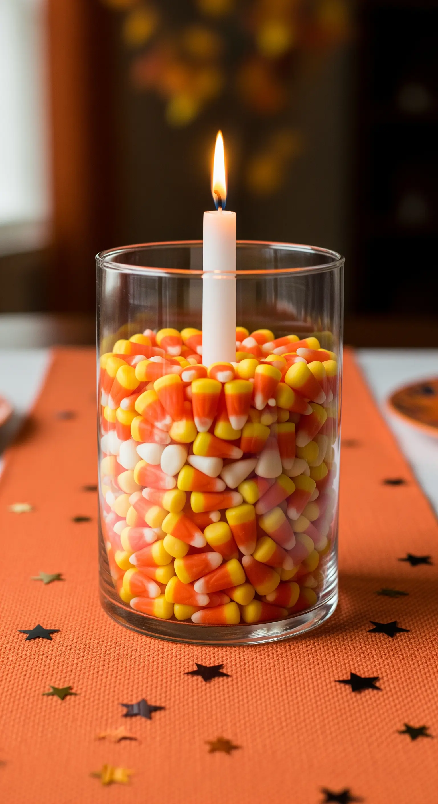 Glasvase gefüllt mit Candy Corn als Kerzenhalter mit Stabkerze