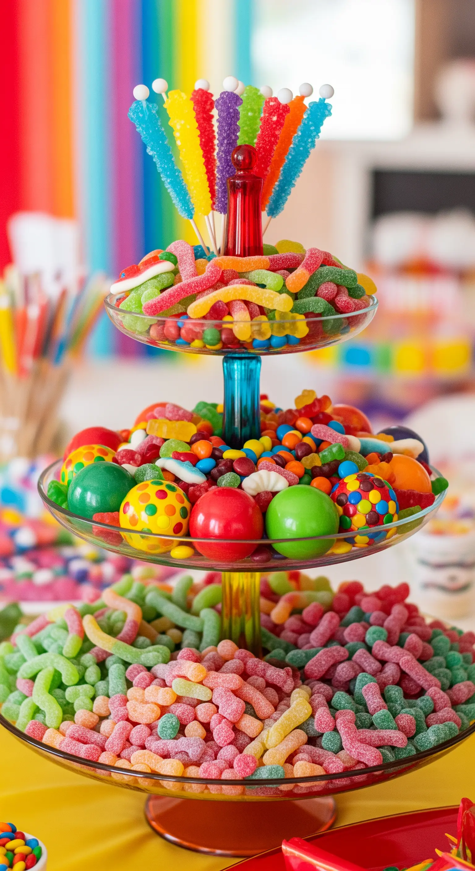 Glas-Etagere, die über und über mit bunten Süßigkeiten und Gummibärchen gefüllt ist.