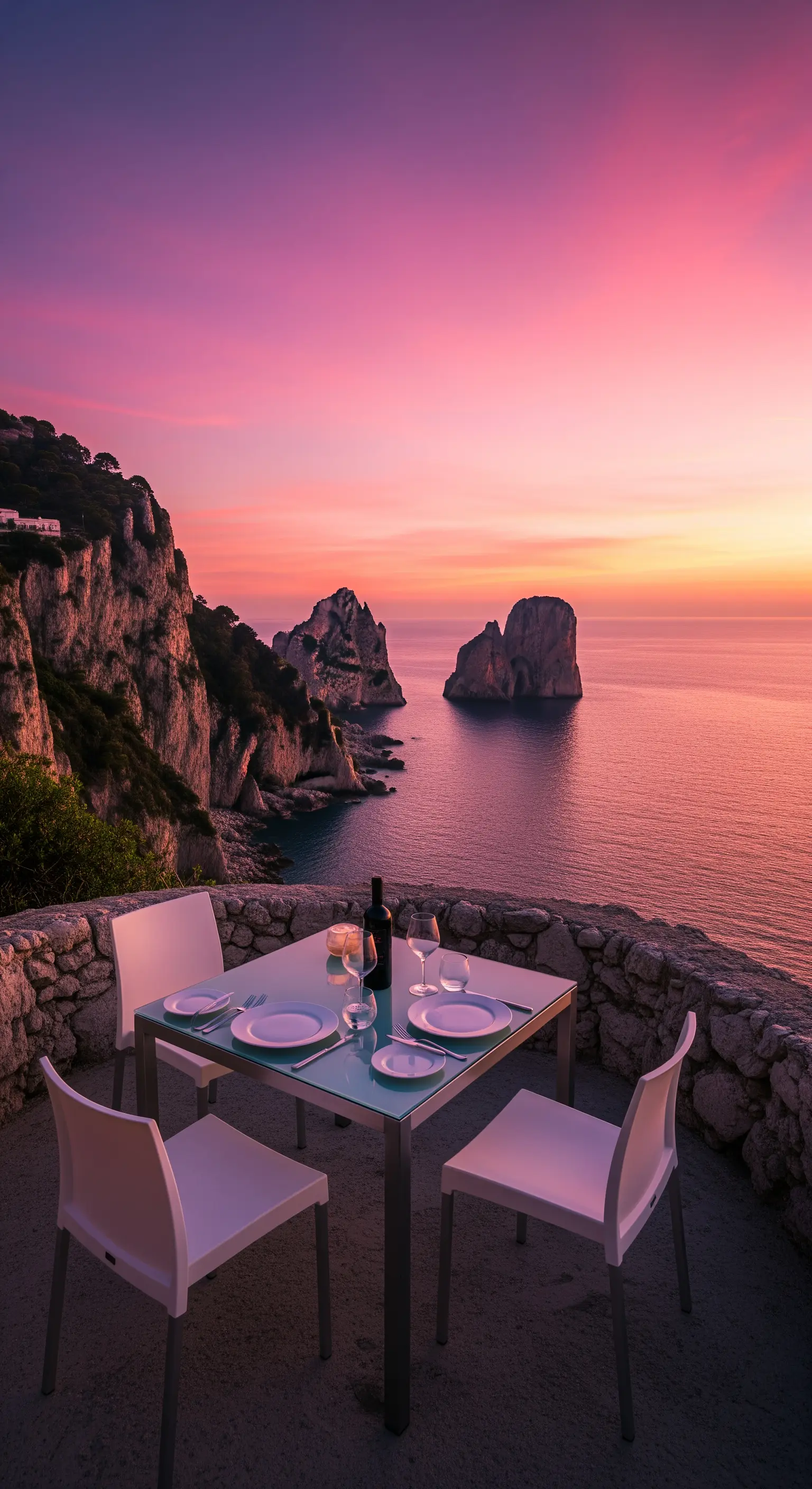 Minimalistische Tischdeko mit Meerblick und Sonnenuntergang auf Capri