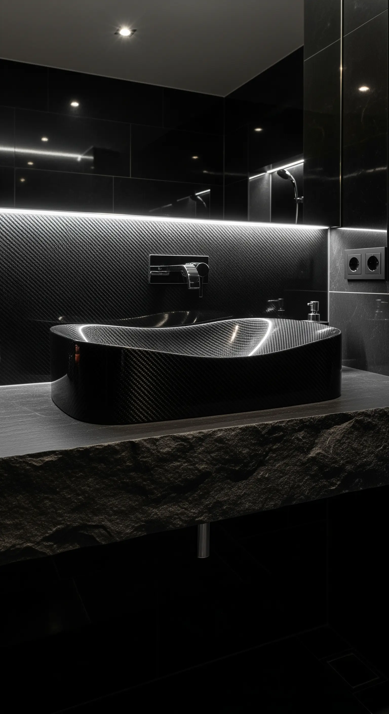 Carbonfaser-Waschbecken, schwarze Natursteinplatte, hinterleuchtete Rückwand
