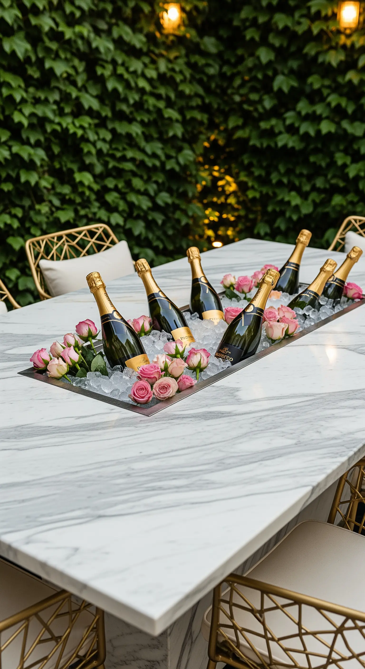 Marmortisch mit integriertem Champagner-Kühler, pinken Rosen und Eis.