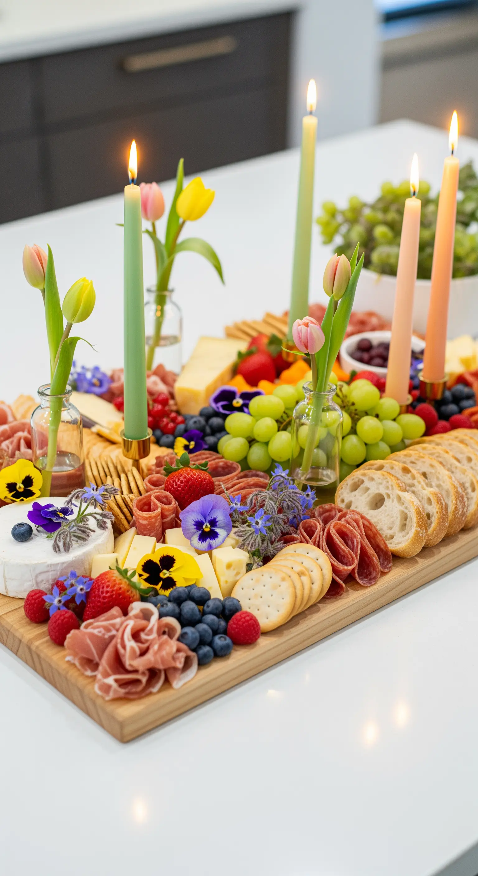 Charcuterie-Platte mit Tulpen, Violen und pastellfarbenen Stabkerzen