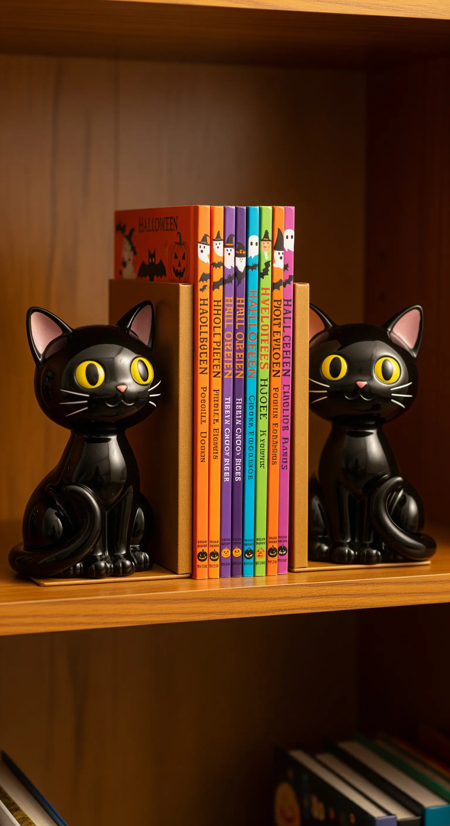 Ein Paar schwarze Katzen-Buchstützen, die eine Reihe von bunten Halloween-Kinderbüchern halten.