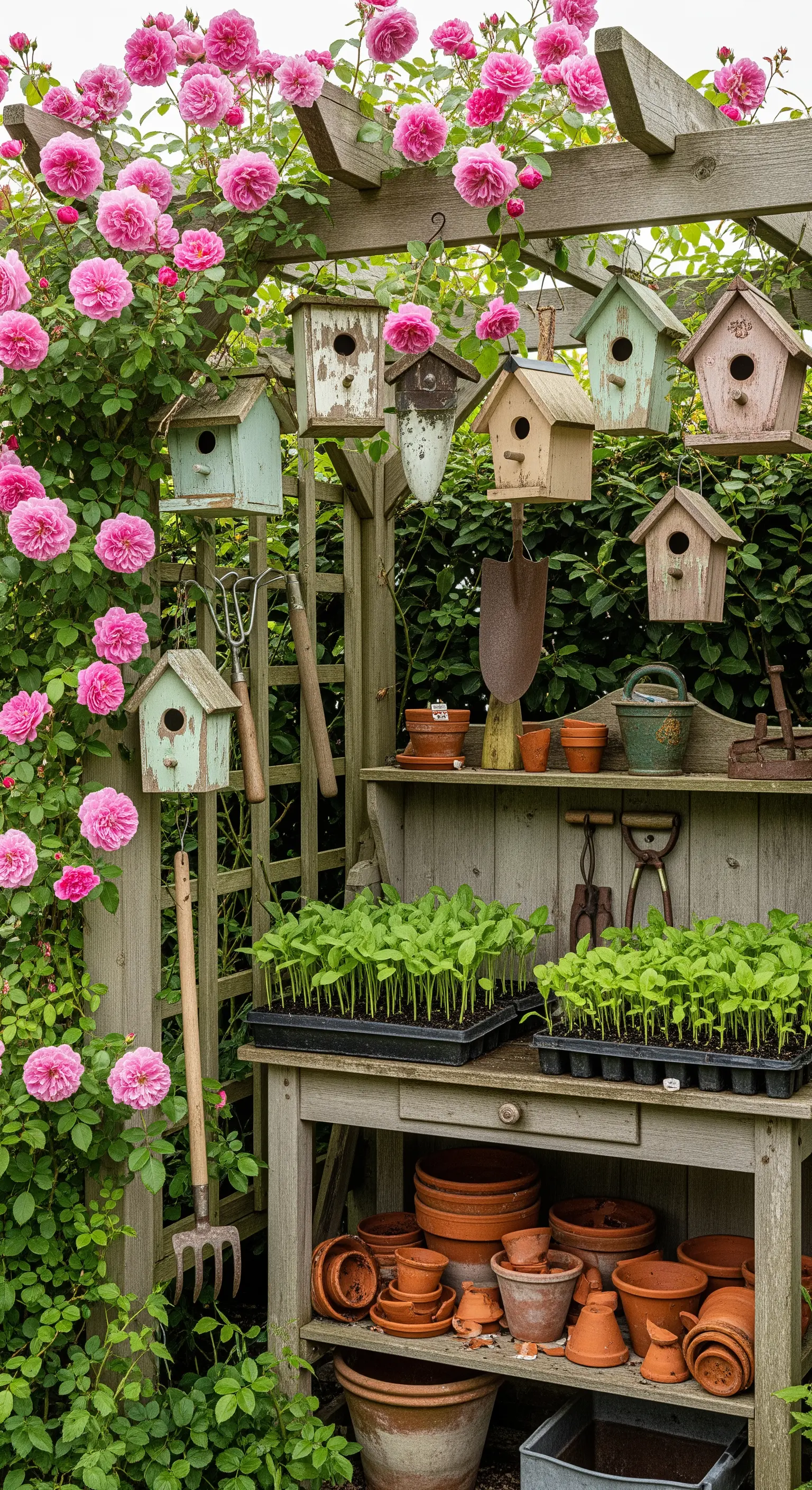 Rustikale Pergola mit rosa Kletterrosen, Vogelhäuschen und einer Potting-Station mit Terrakottatöpfen