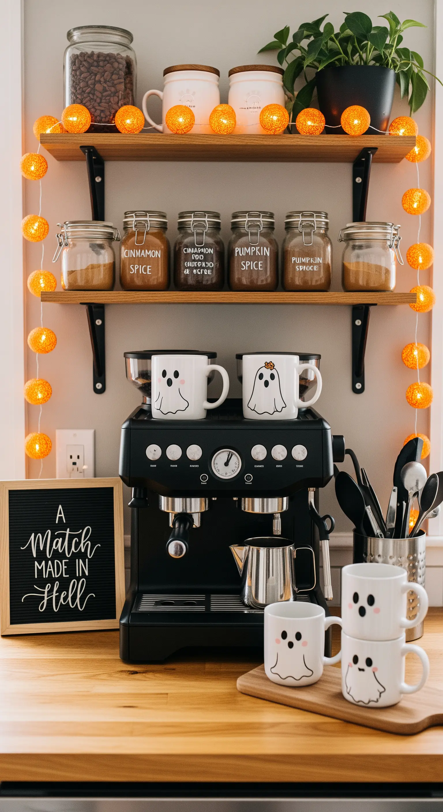 Kaffeebar mit orangefarbener Lichterkette, Geister-Tassen, Gewürzgläsern und lustigem Halloween-Schild.
