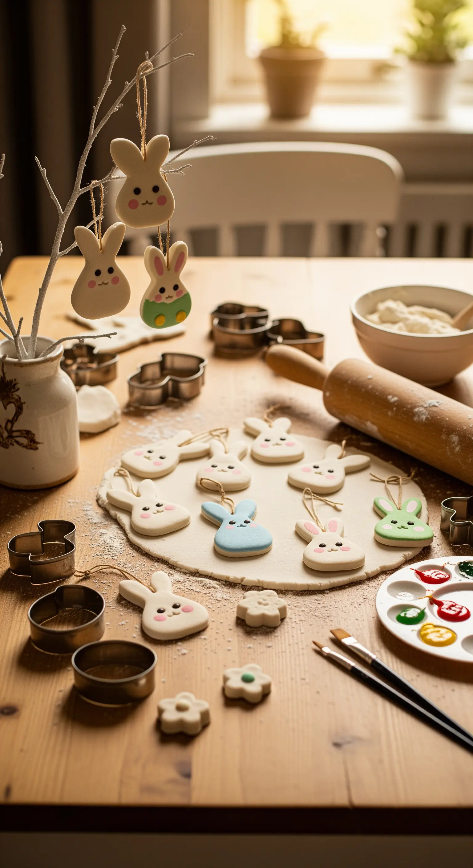 Osterhasen-Plätzchen auf einem Tisch mit Backutensilien und Farben
