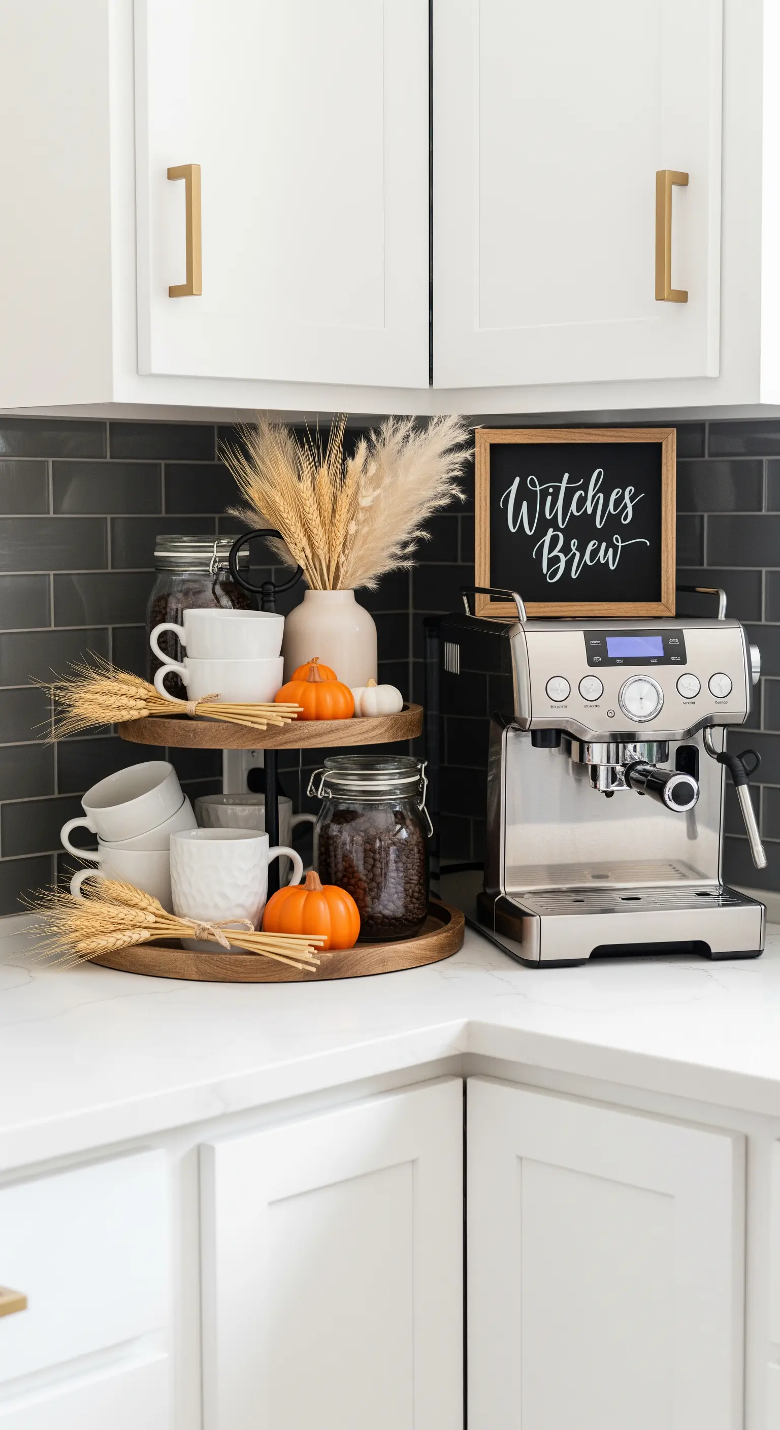 Kaffeebar mit Etagere, dekoriert mit Weizenähren, Kürbissen und einer Tafel.