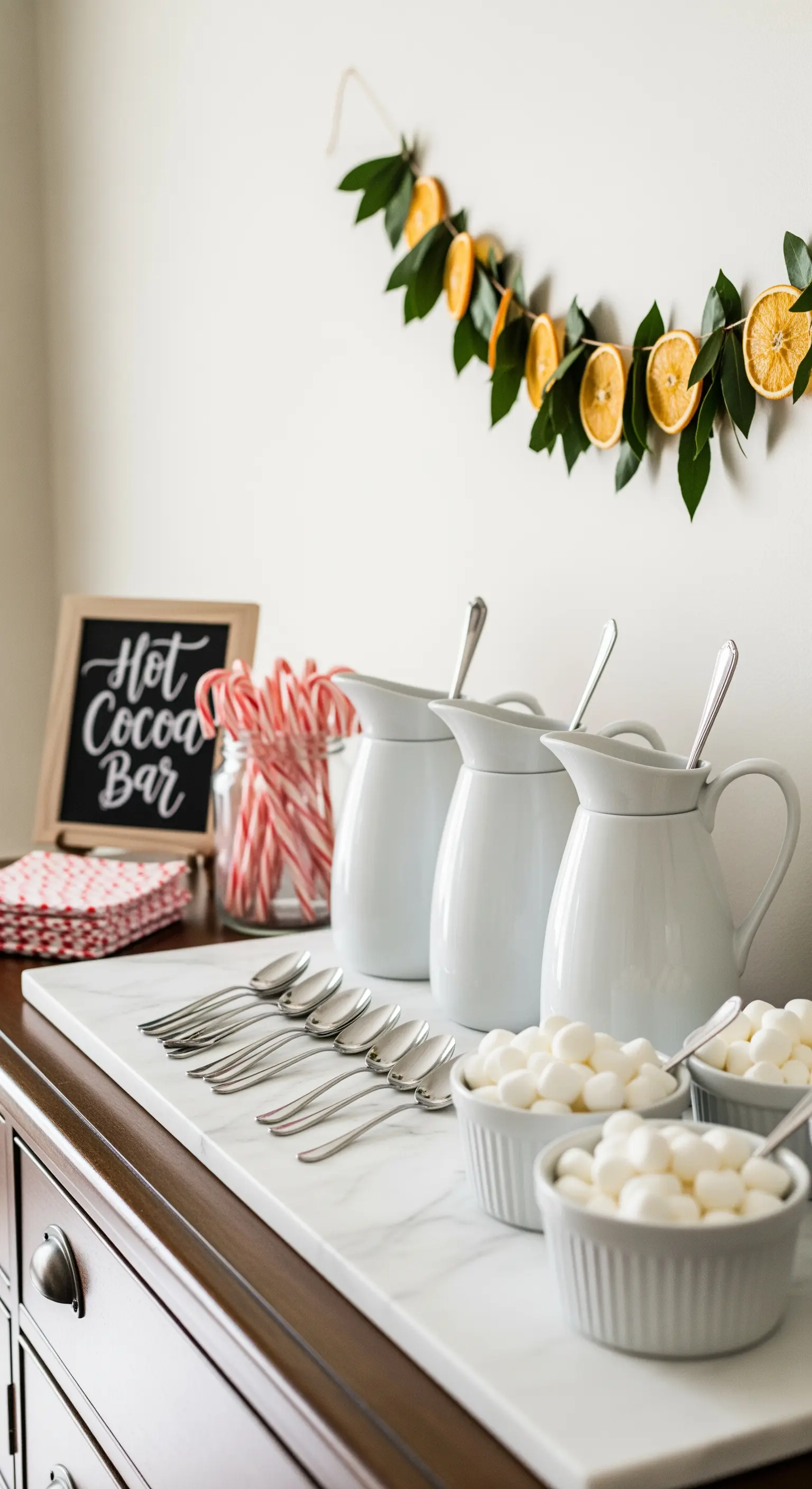 Kakao-Bar mit Orangengirlande, weißen Kannen, Marshmallows und Zuckerstangen.