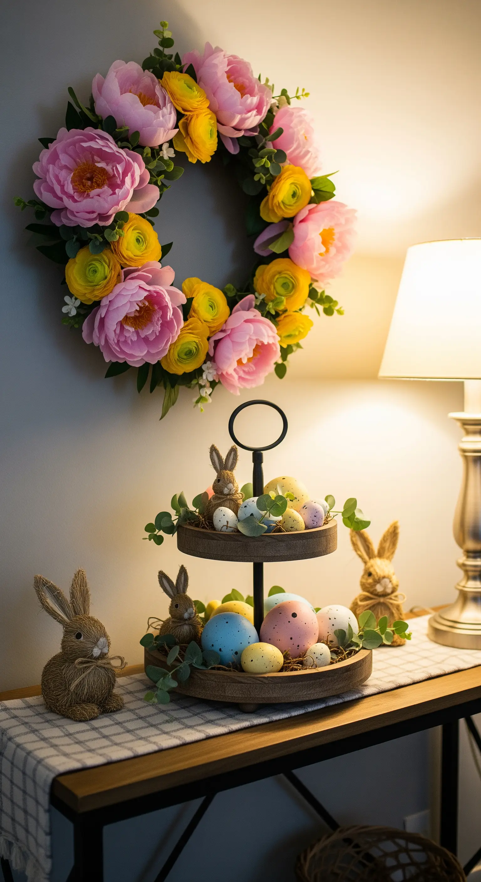 Konsole mit Etagere, Osterhasen, Eiern und einem bunten Blumenkranz.